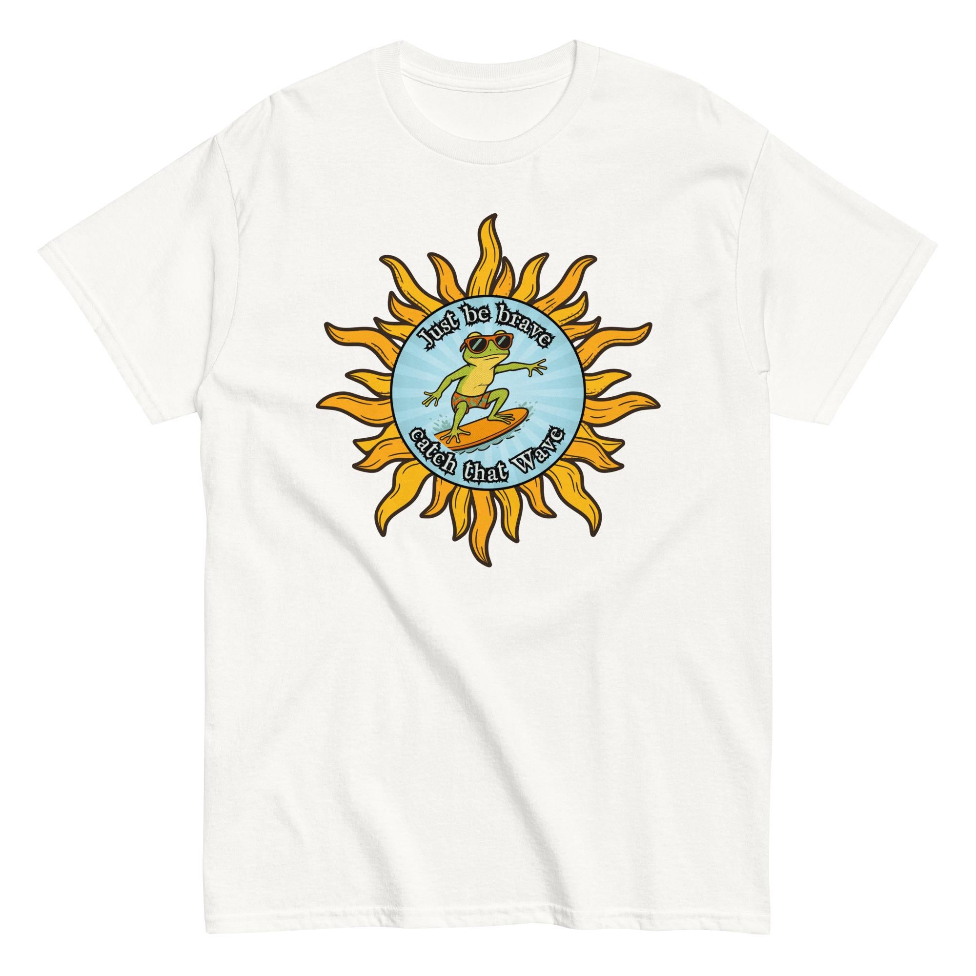 Funny gecko Surfer t-shirt Gildan gecko surfing cartoon tee Be brave t-shirt