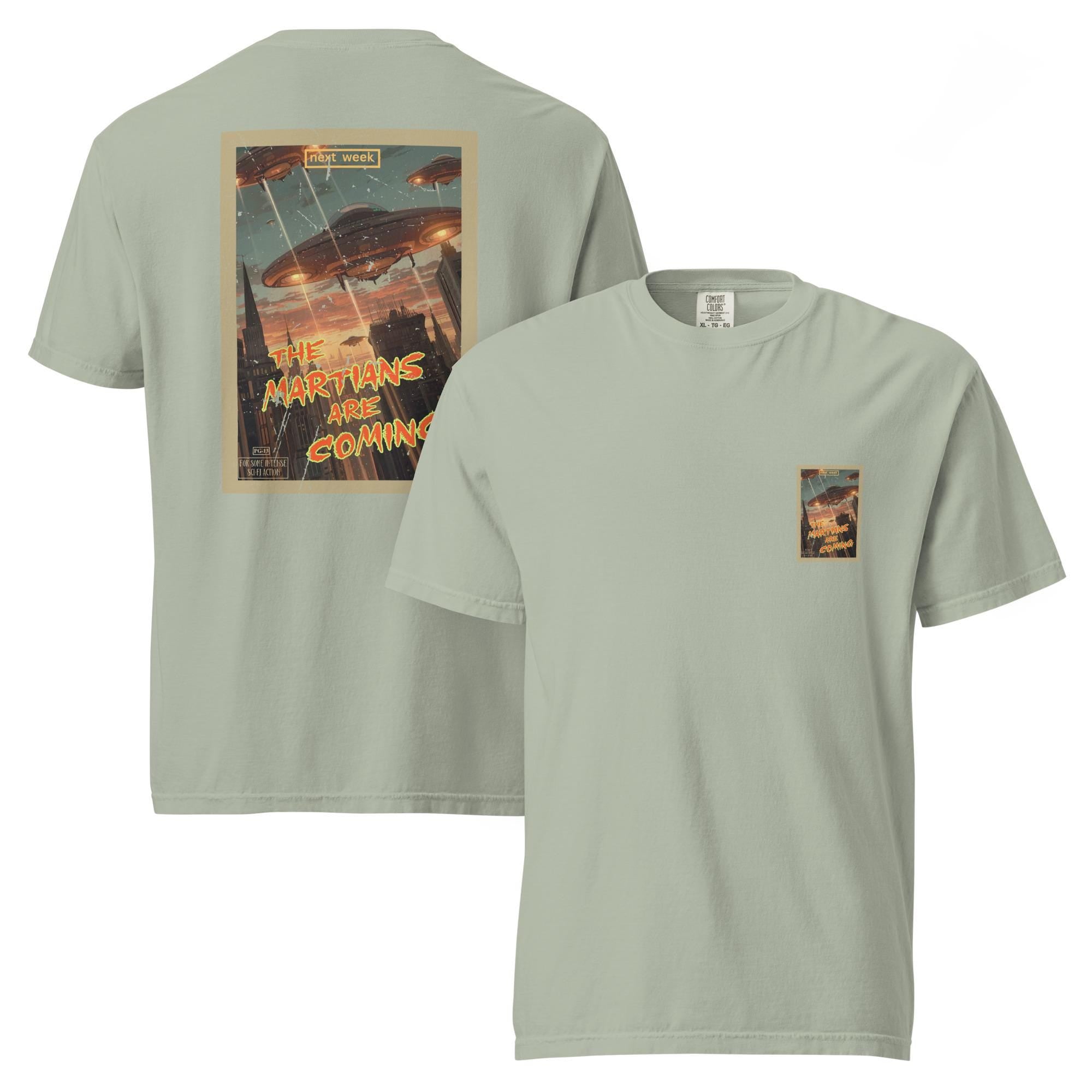 Funny Martians T-Shirt Comfort Colors back print "Martians are coming" movie poster style tee