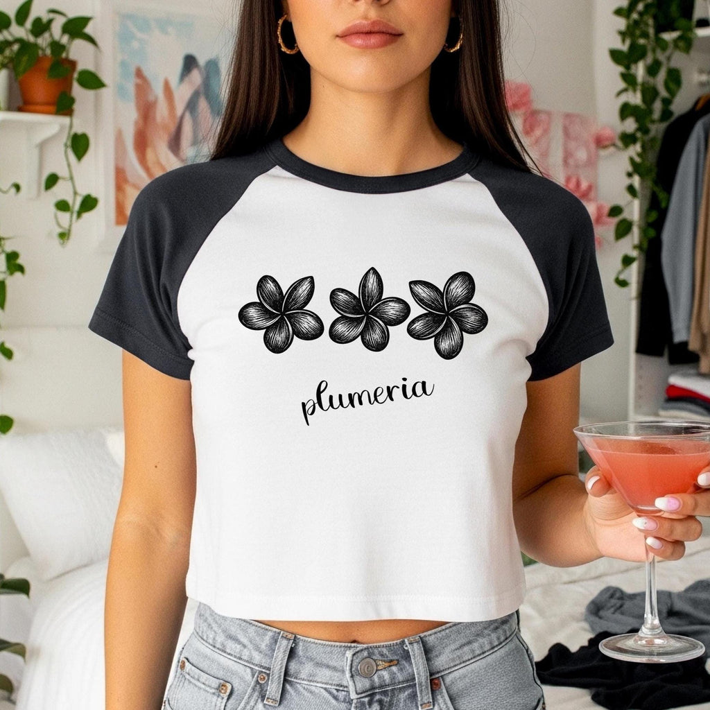 Plumerias crop top, Hawaiian flowers Bella Canvas raglan baby tee