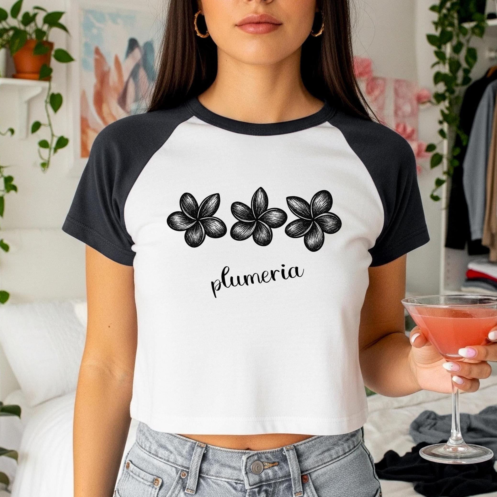 Plumerias crop top, Hawaiian flowers Bella Canvas raglan baby tee