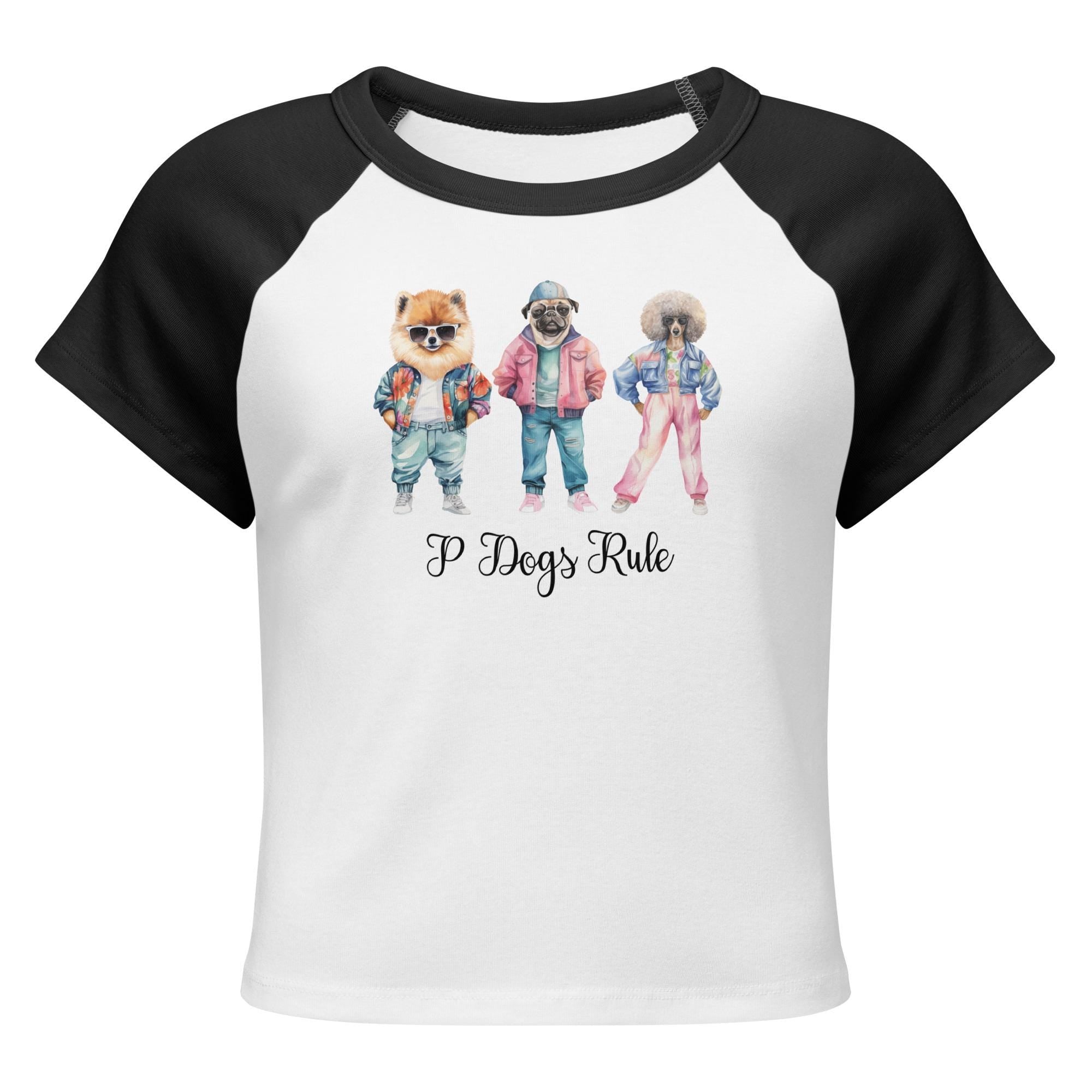 Funny Dogs Crop top, Fashion dogs t-shirt Pomeranian, Pug, Poodle baby tee Women’s micro rib raglan baby tee