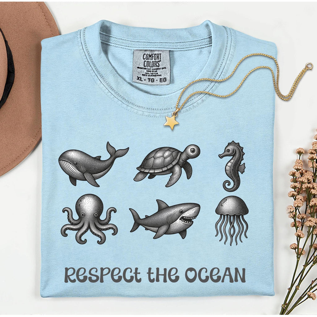 Ocean Animals T-Shirt Comfort Colors Respect the Ocean Shirt etching style animals tee