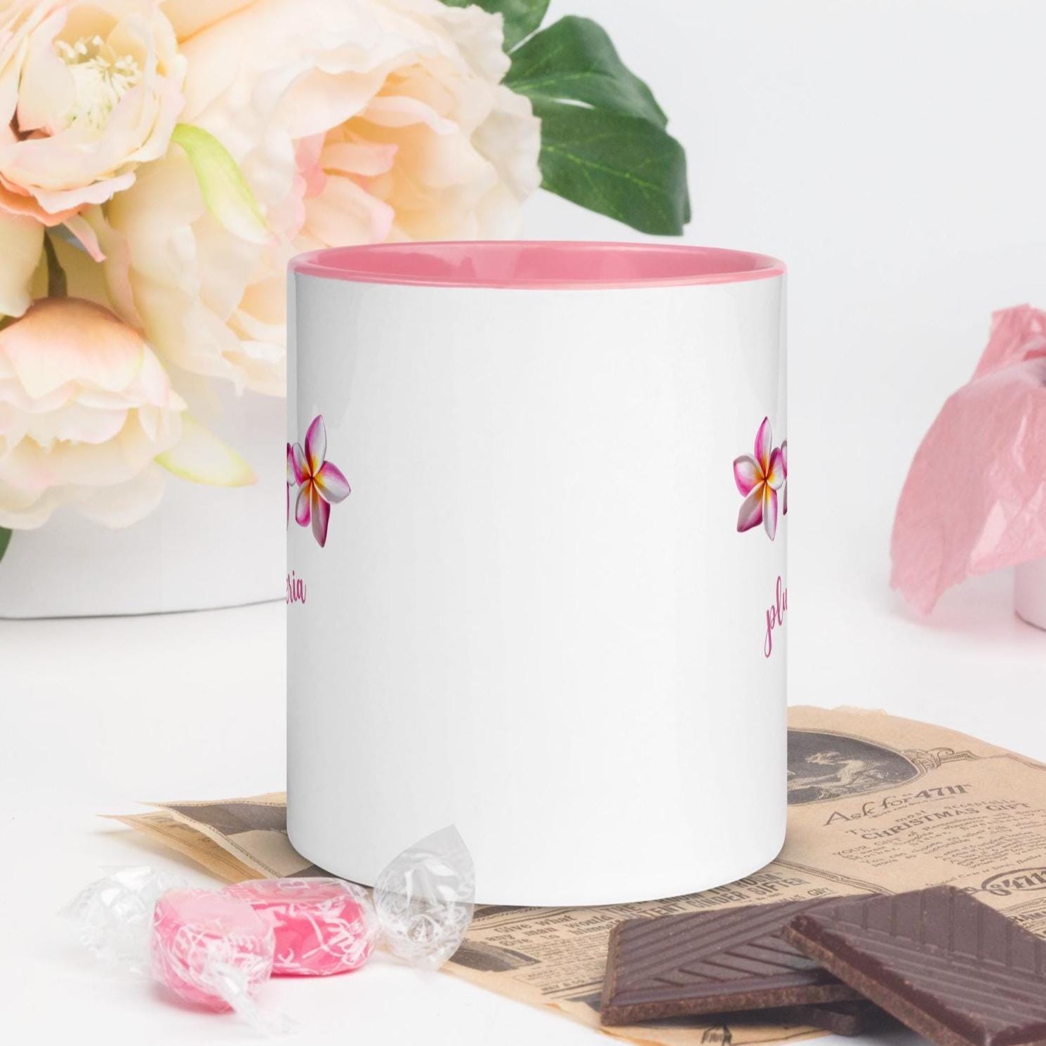 Plumeria Coffee Mug with Pink Accents – Gift for Mom, Grandma