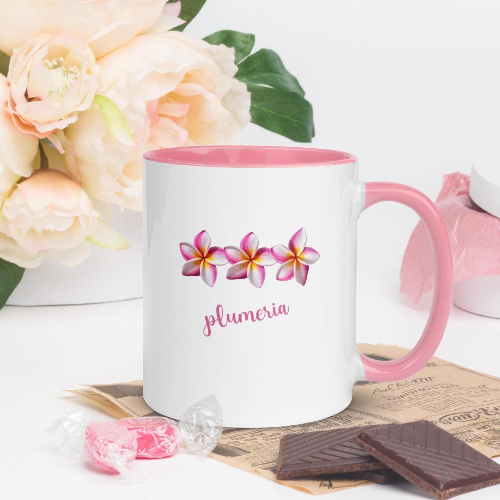 Plumeria Coffee Mug with Pink Accents – Gift for Mom, Grandma