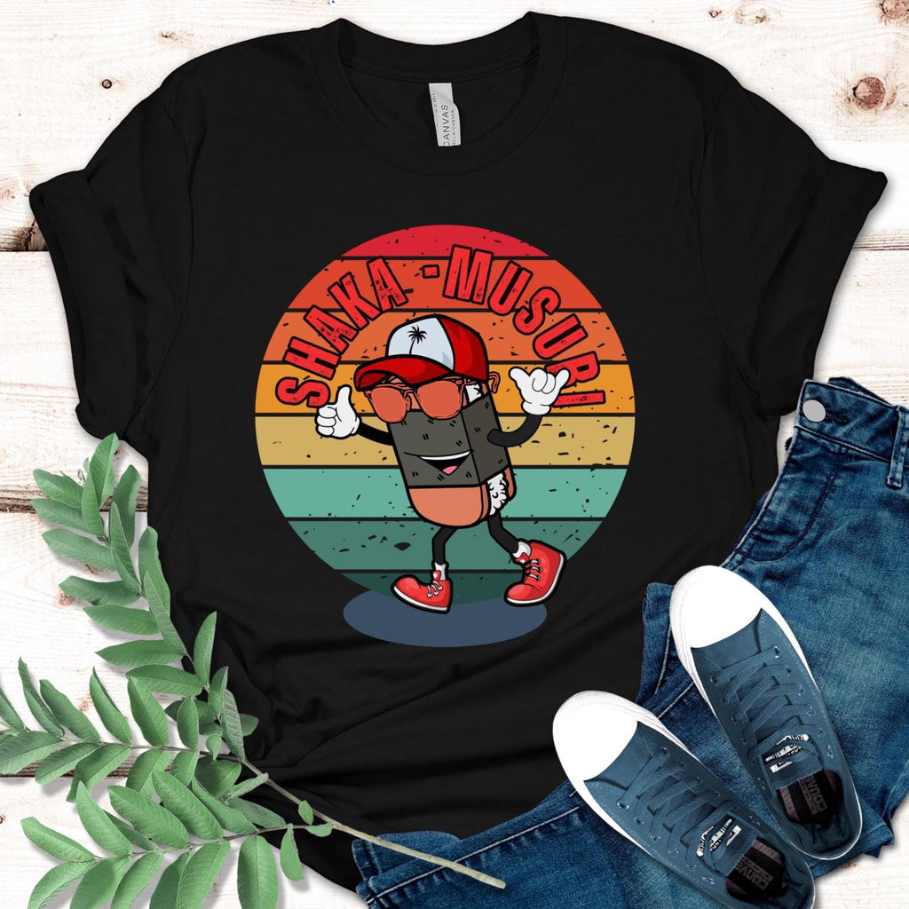 Funny Hawaii Shaka Musubi Man T-Shirt: Retro Sunset Shaka Graphic Tee