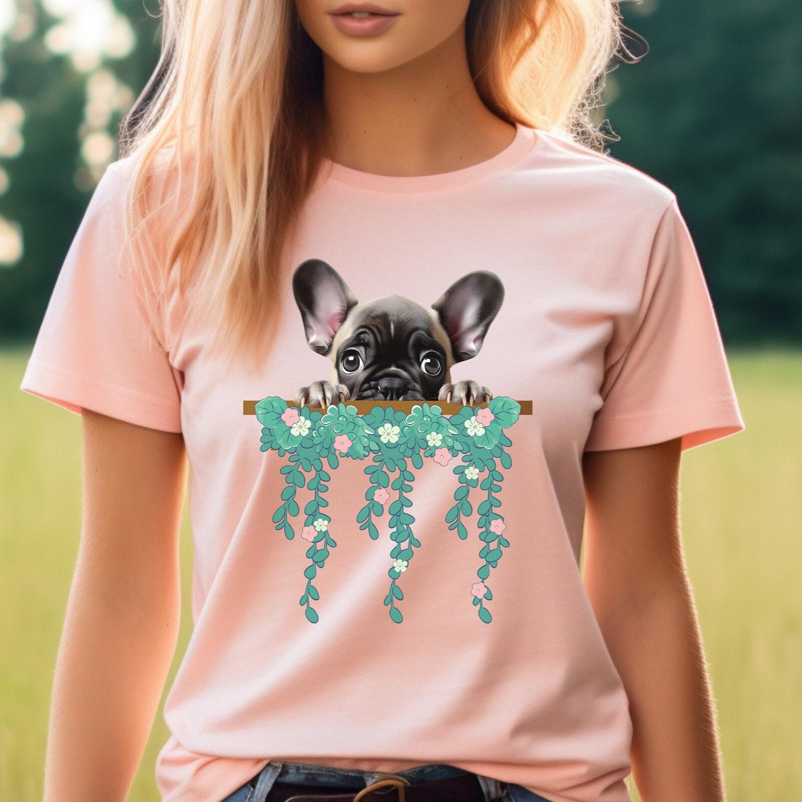 French Bulldog Peeking T-shirt: Frenchie & Flowers Unisex Tee