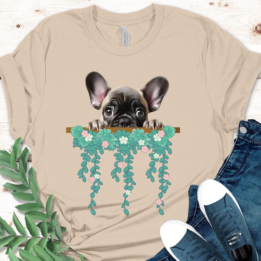 French Bulldog Peeking T-shirt: Frenchie & Flowers Unisex Tee