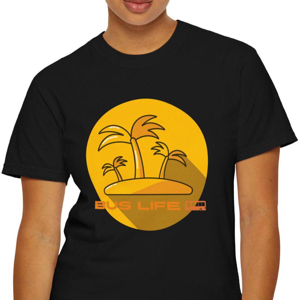 Bus Life Comfort Colors T-shirt: Yellow Bus & Palms Design