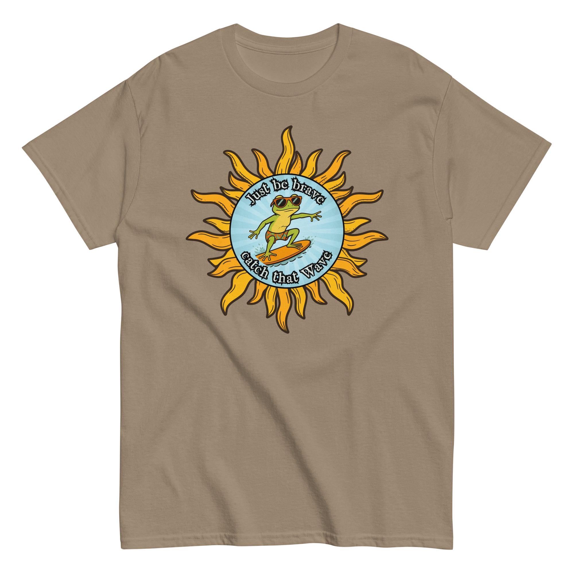 Funny gecko Surfer t-shirt Gildan gecko surfing cartoon tee Be brave t-shirt