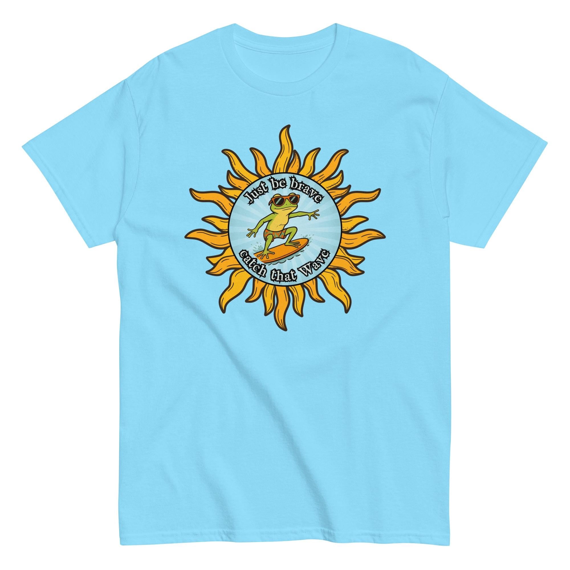 Funny gecko Surfer t-shirt Gildan gecko surfing cartoon tee Be brave t-shirt