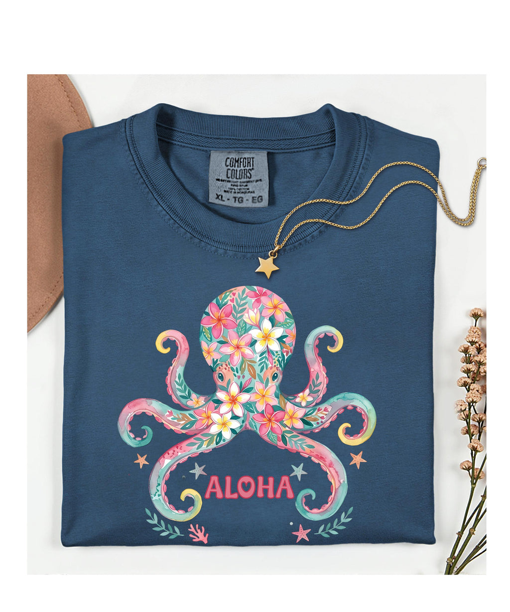 Floral Octopus Aloha T-Shirt: Comfort Colors Tropical Hawaiian Tee