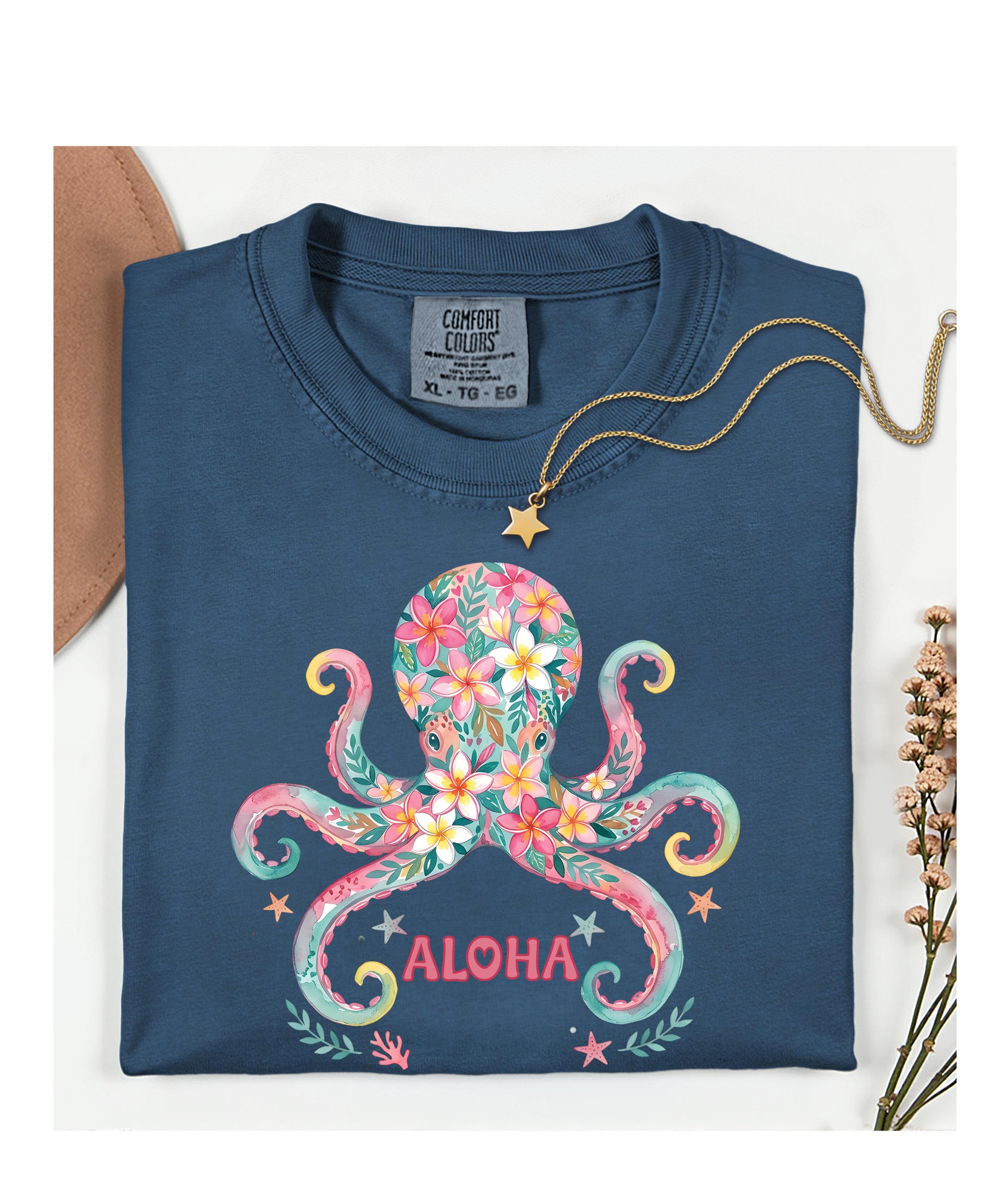 Floral Octopus Aloha T-Shirt: Comfort Colors Tropical Hawaiian Tee