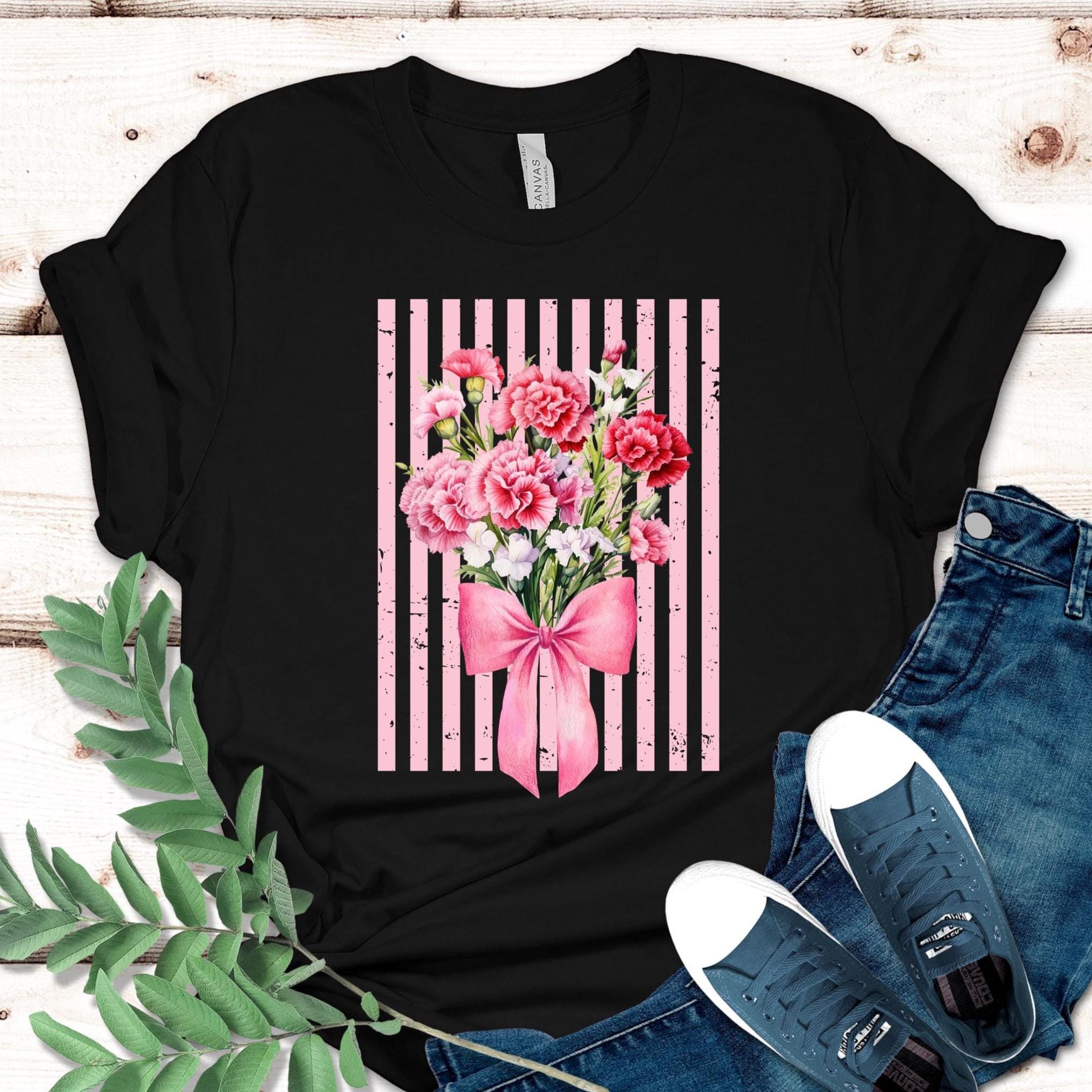 Carnations T-Shirt, Bella-Canvas pink carnations bouquet bow tee, Mothers Day carnations t-shirt