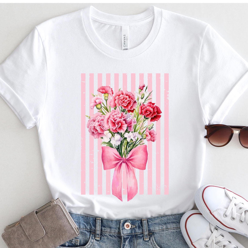 Carnations T-Shirt, Bella-Canvas pink carnations bouquet bow tee, Mothers Day carnations t-shirt