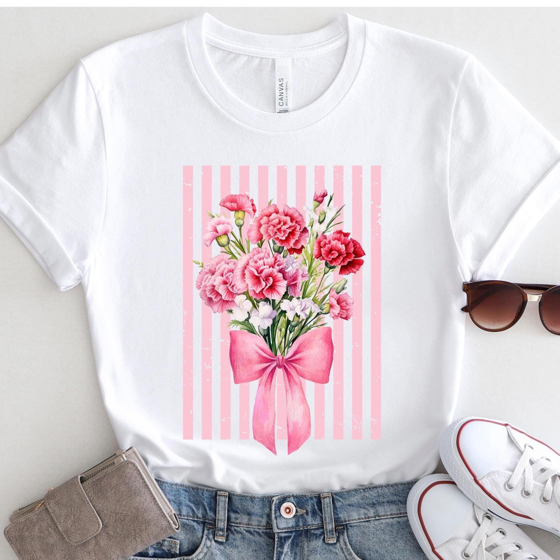 Carnations T-Shirt, Bella-Canvas pink carnations bouquet bow tee, Mothers Day carnations t-shirt