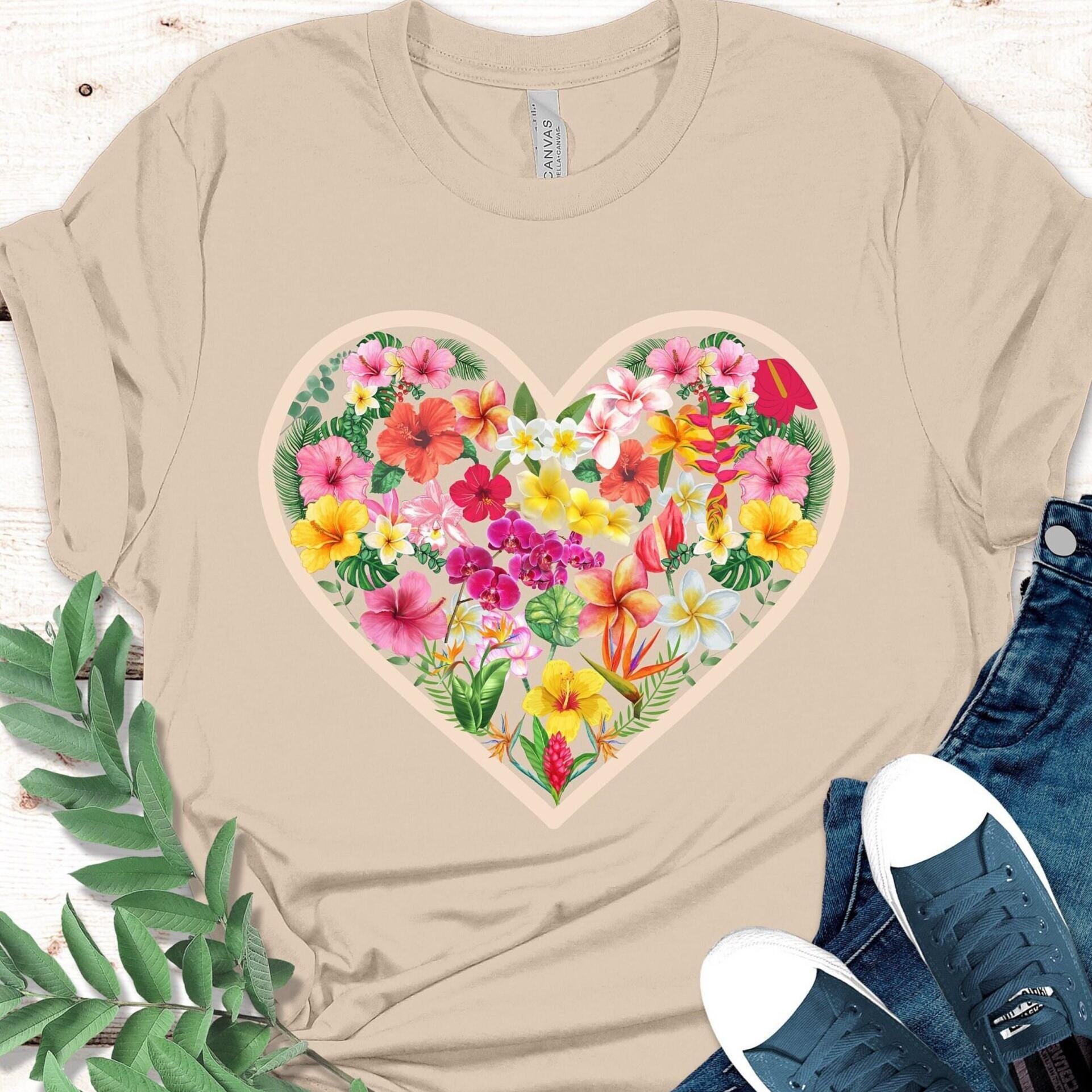 Tropical Flowers Heart T-Shirt: Hawaiian Plumeria Hibiscus Tee