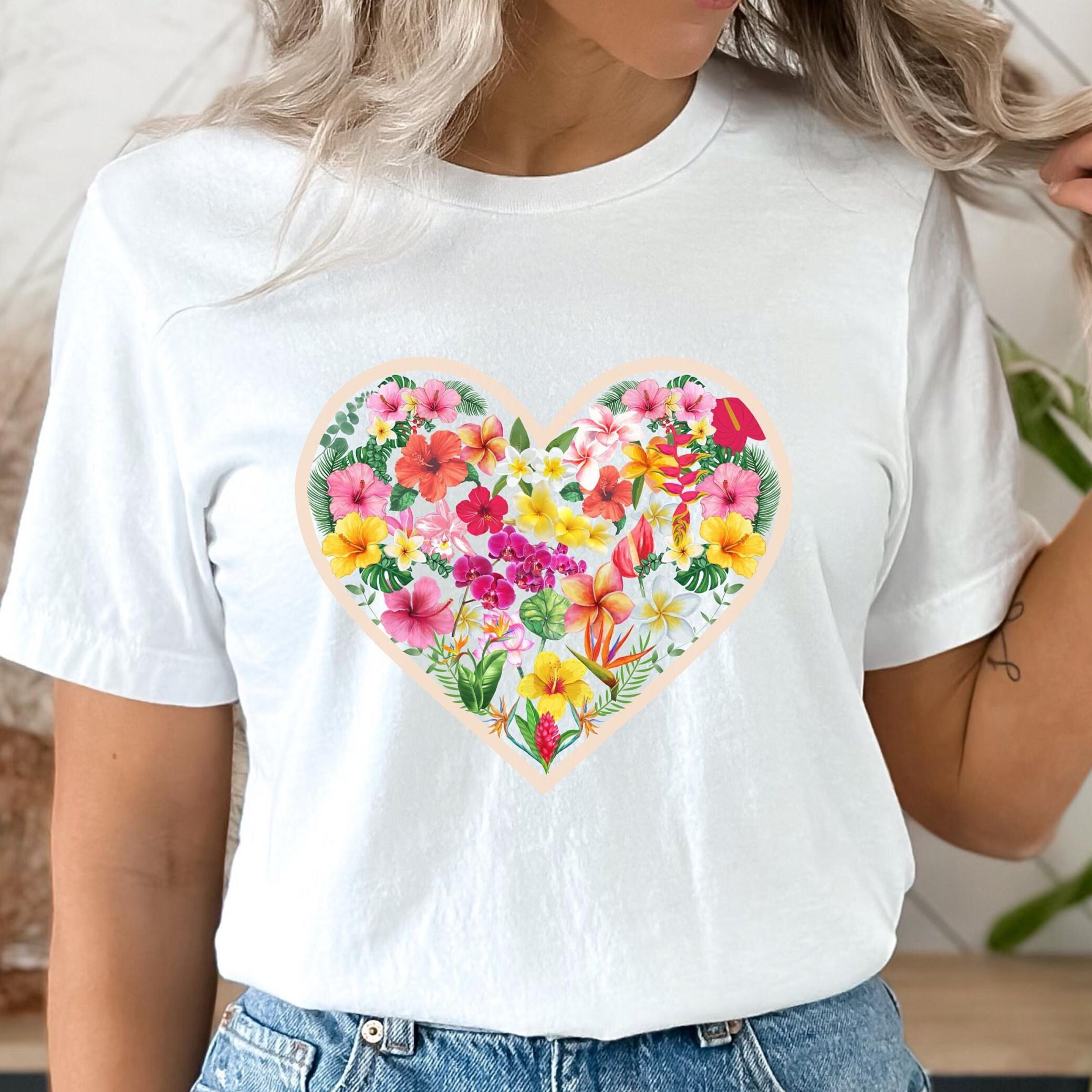 Tropical Flowers Heart T-Shirt: Hawaiian Plumeria Hibiscus Tee