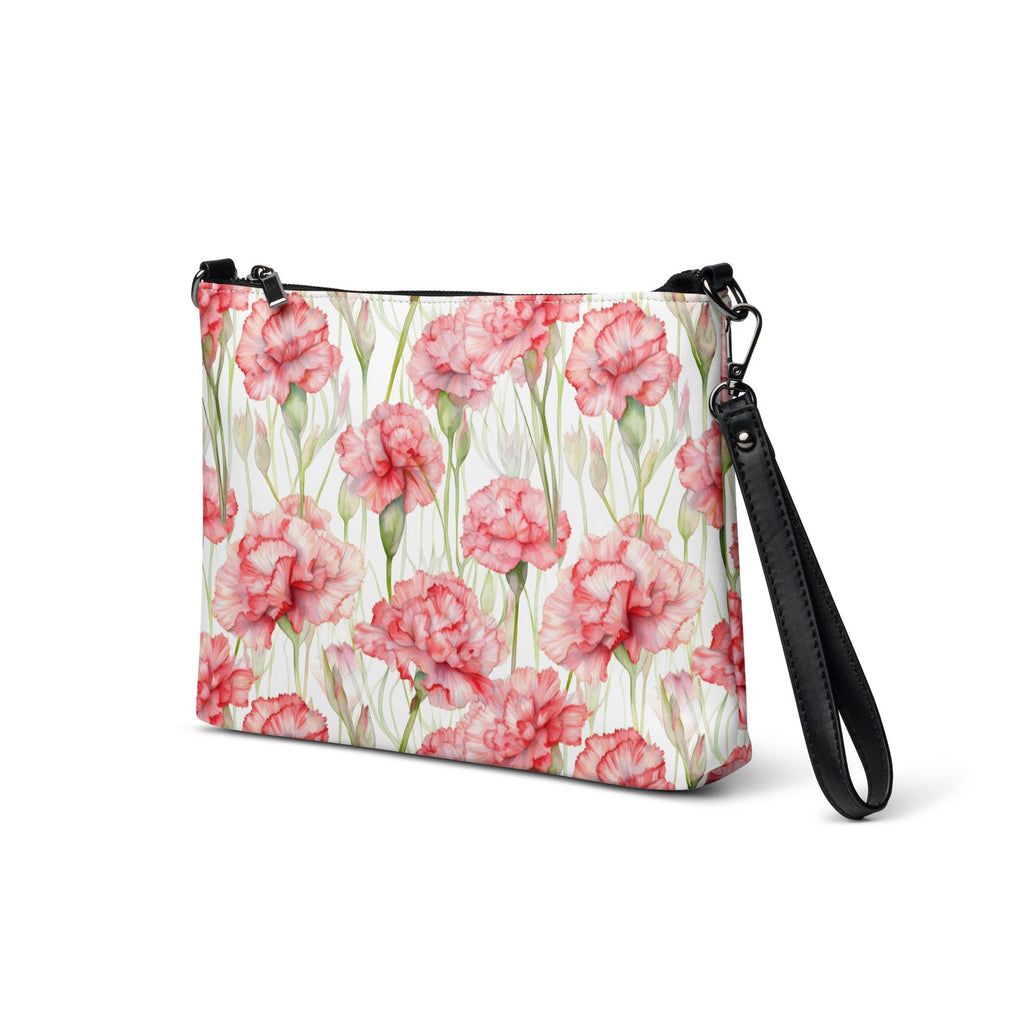 Pink Carnations Crossbody bag watercolor carnations zipper bag removeable straps