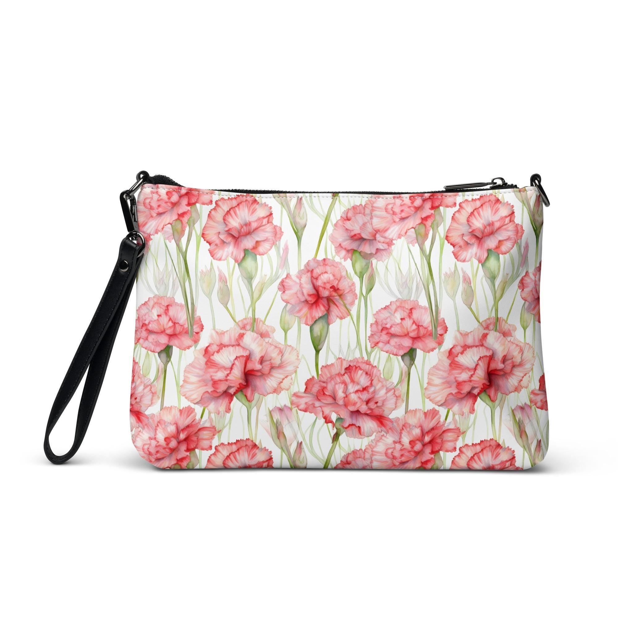 Pink Carnations Crossbody bag watercolor carnations zipper bag removeable straps
