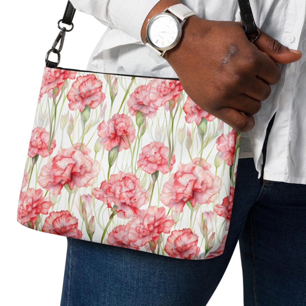 Pink Carnations Crossbody bag watercolor carnations zipper bag removeable straps