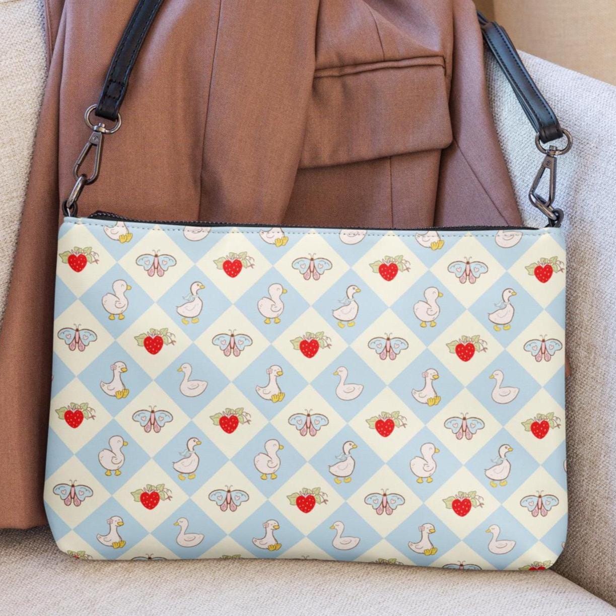 Goose Crossbody bag Strawberry zippered bag goose pattern Faux leather cross body bag