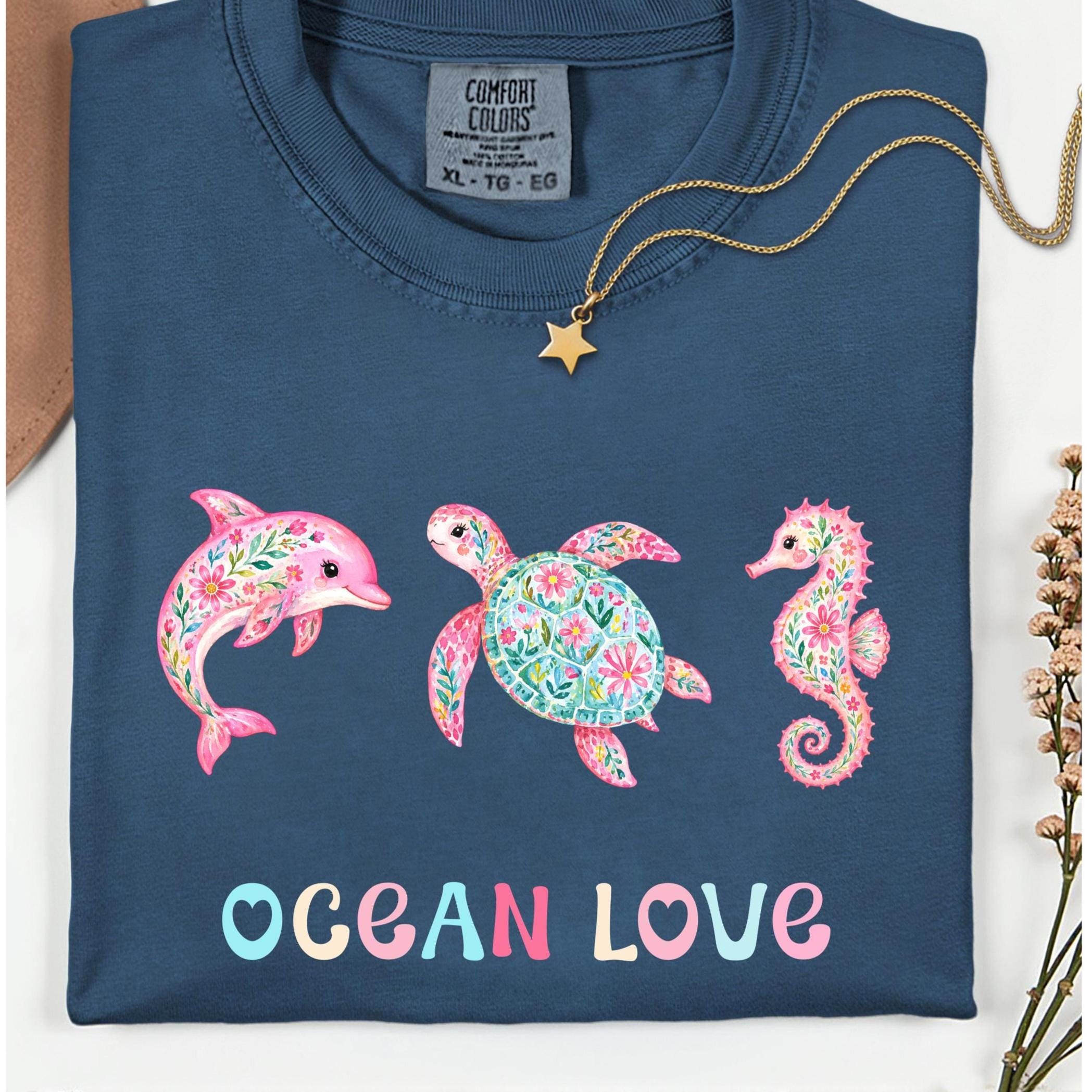 Ocean animals t-shirt Comfort Colors dolphin turtle seahorse floral animals tee garment-dyed heavyweight ocean t-shirt