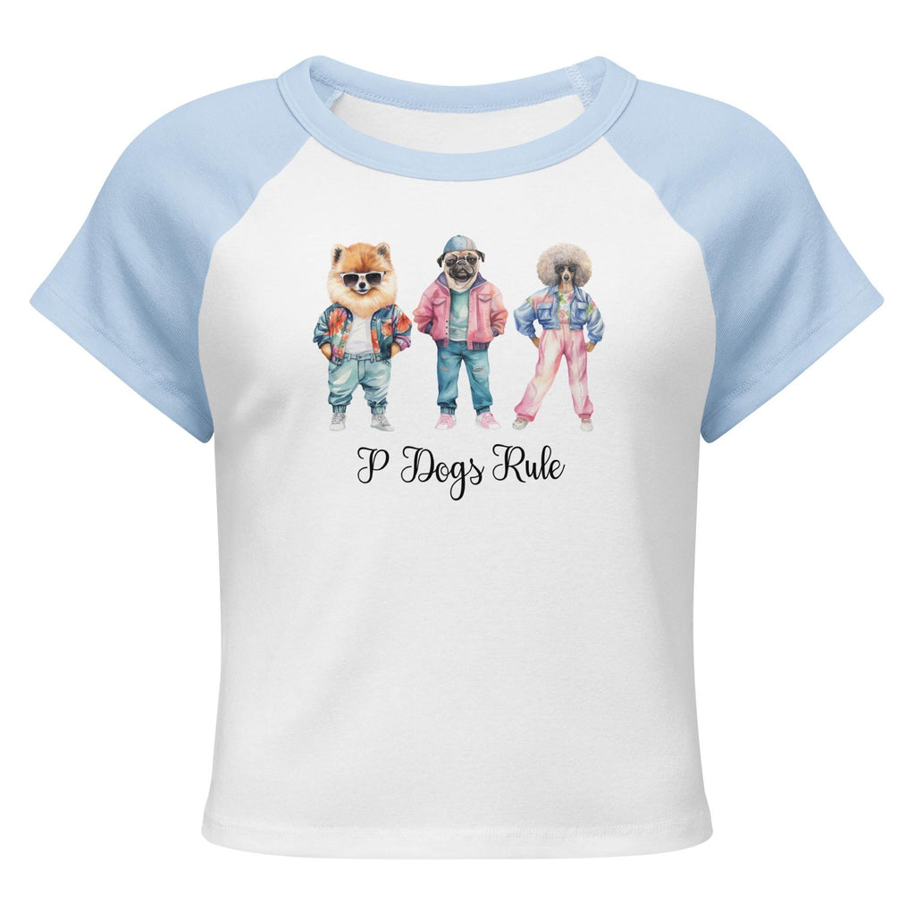 Funny Dogs Crop top, Fashion dogs t-shirt Pomeranian, Pug, Poodle baby tee Women’s micro rib raglan baby tee