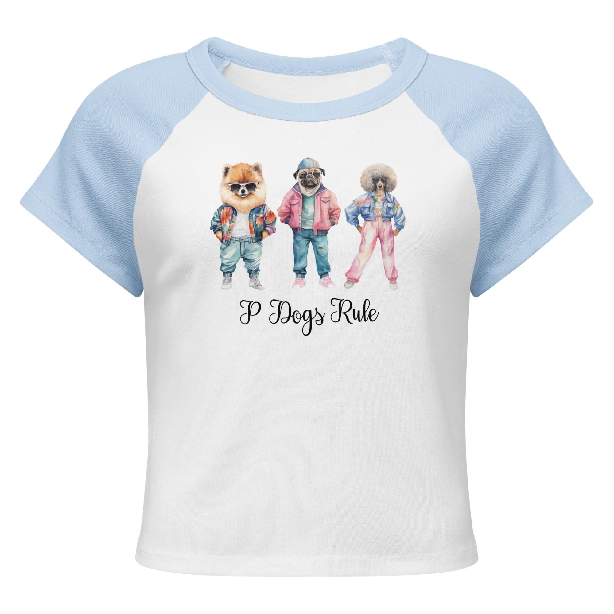 Funny Dogs Crop top, Fashion dogs t-shirt Pomeranian, Pug, Poodle baby tee Women’s micro rib raglan baby tee