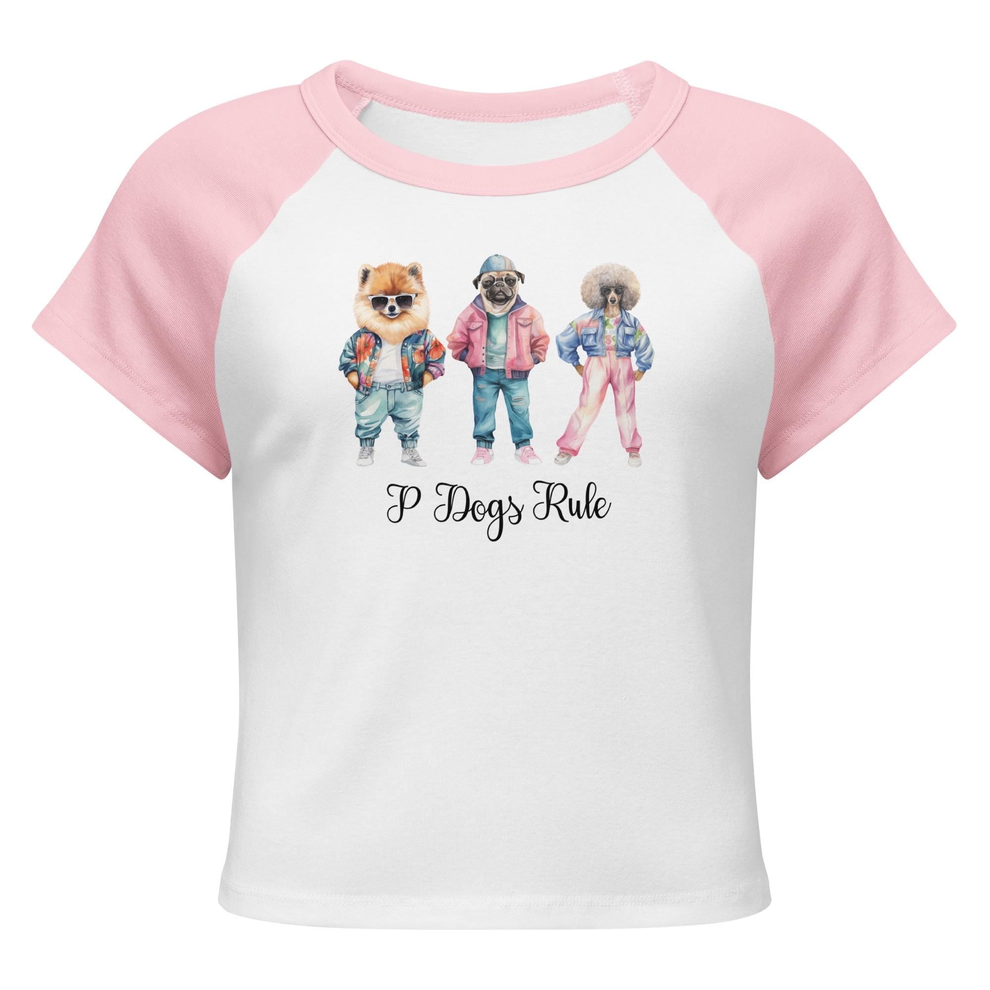 Funny Dogs Crop top, Fashion dogs t-shirt Pomeranian, Pug, Poodle baby tee Women’s micro rib raglan baby tee