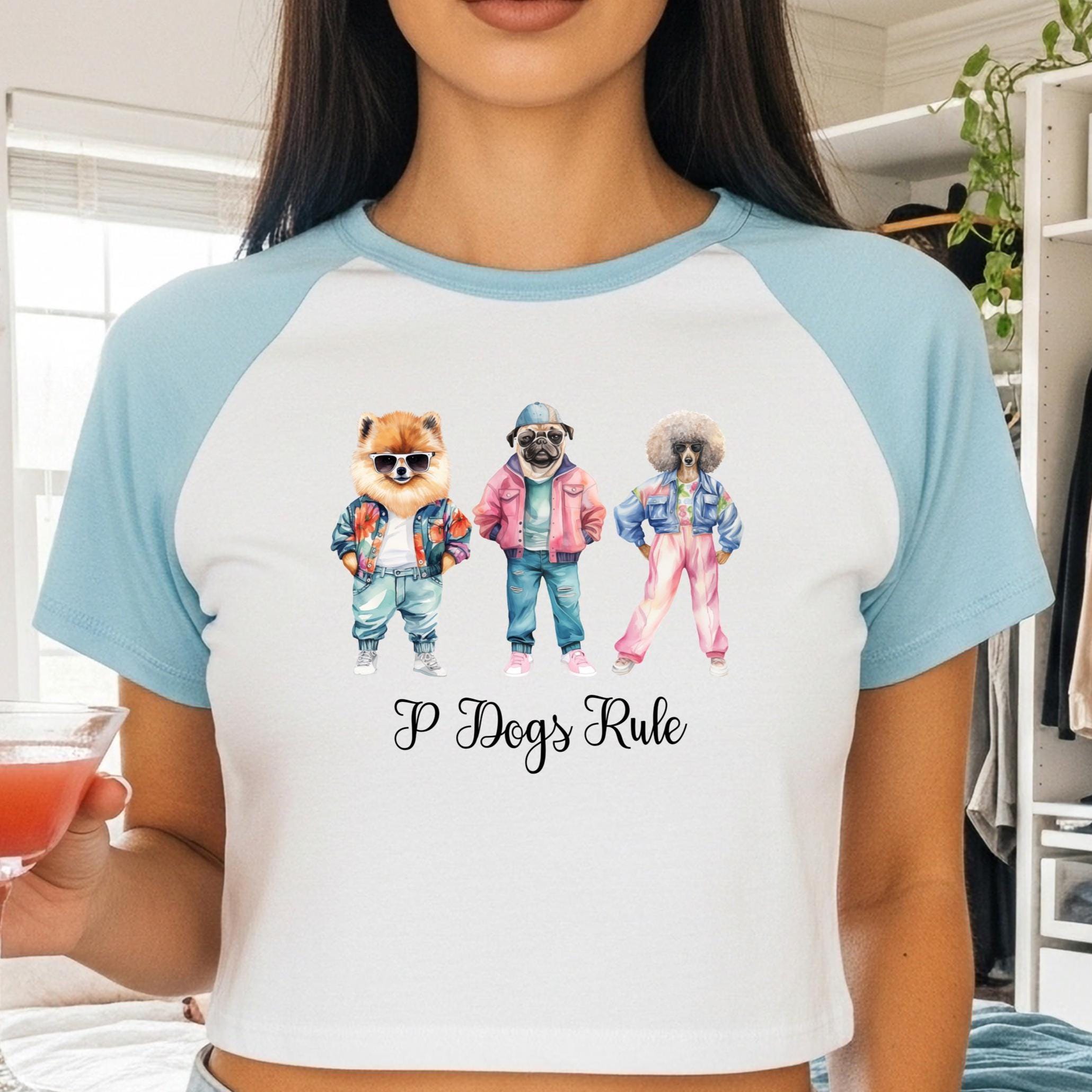 Funny Dogs Crop top, Fashion dogs t-shirt Pomeranian, Pug, Poodle baby tee Women’s micro rib raglan baby tee