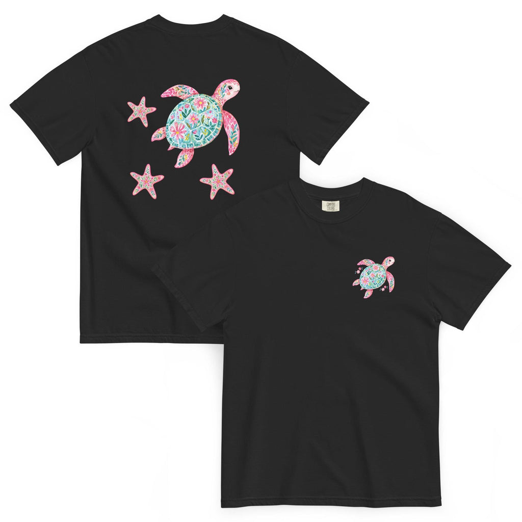Comfort Colors Sea Turtles T-Shirt, Back print floral starfish, turtle tee garment-dyed heavyweight t-shirt