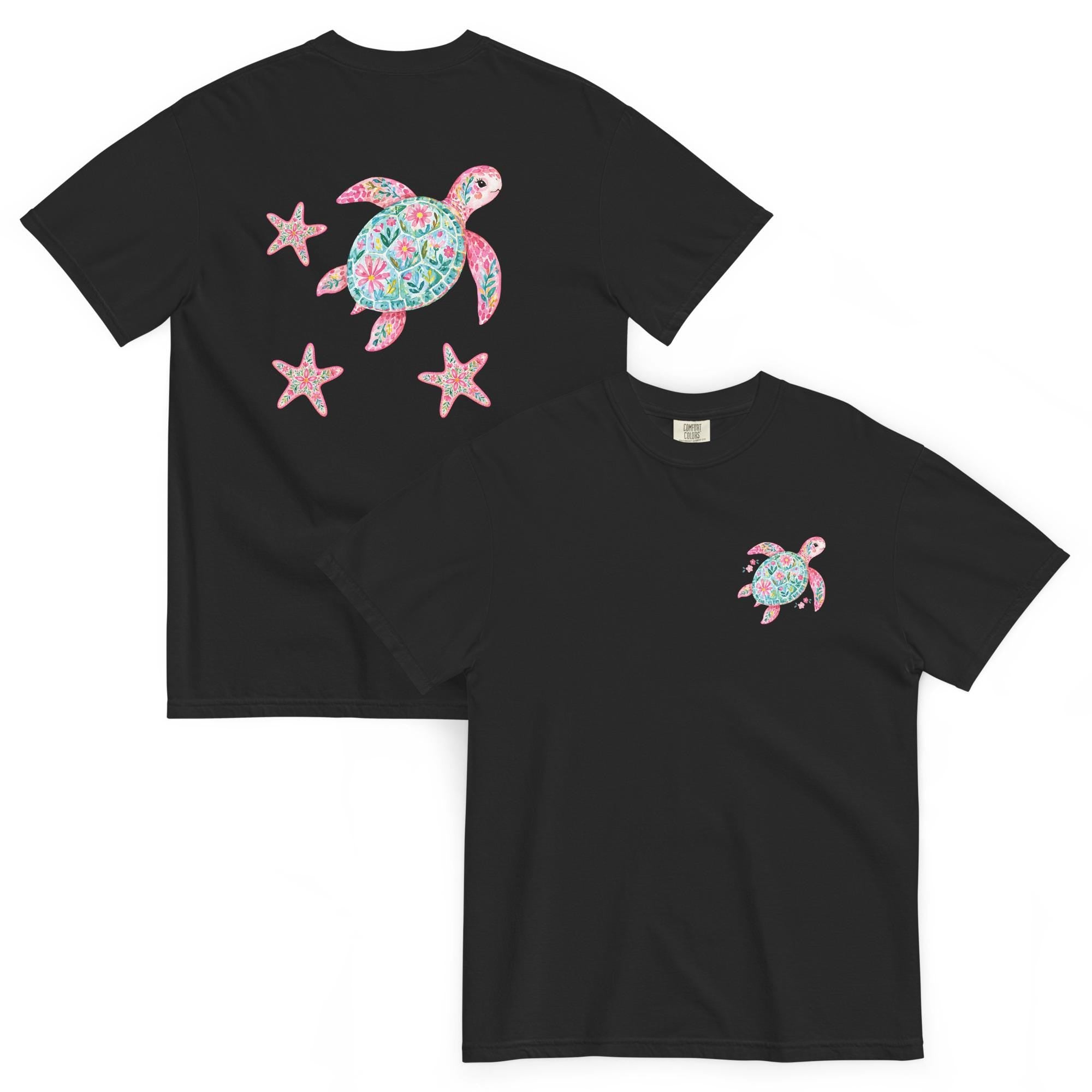 Comfort Colors Sea Turtles T-Shirt, Back print floral starfish, turtle tee garment-dyed heavyweight t-shirt