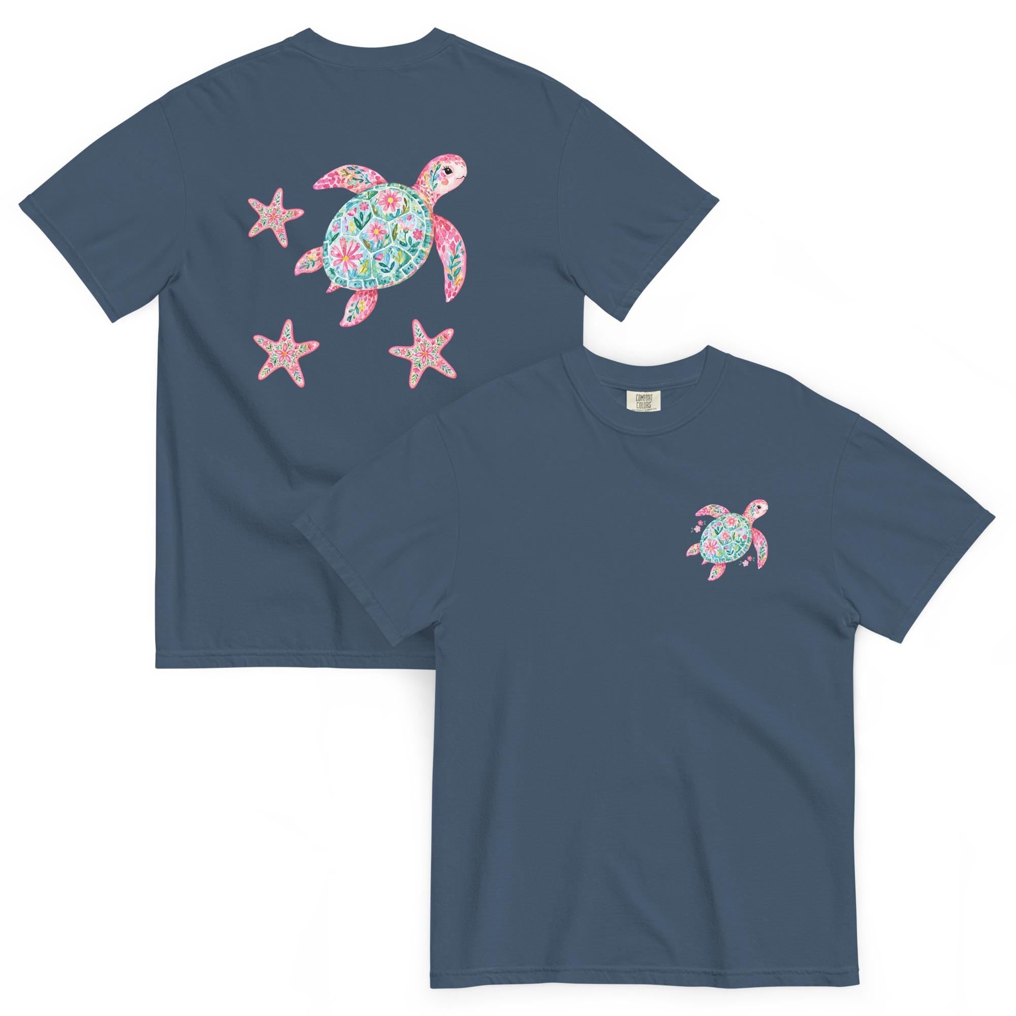 Comfort Colors Sea Turtles T-Shirt, Back print floral starfish, turtle tee garment-dyed heavyweight t-shirt