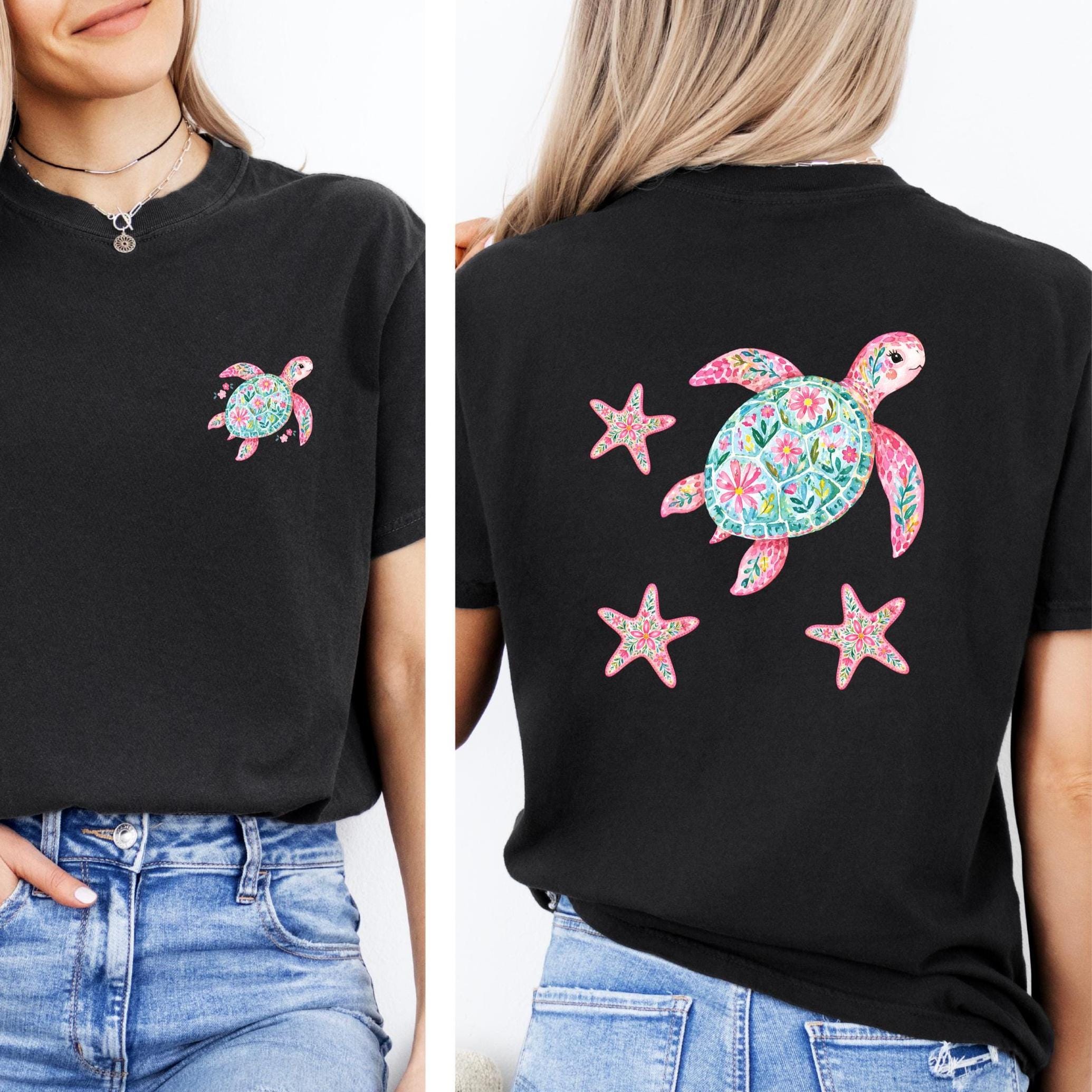 Comfort Colors Sea Turtles T-Shirt, Back print floral starfish, turtle tee garment-dyed heavyweight t-shirt