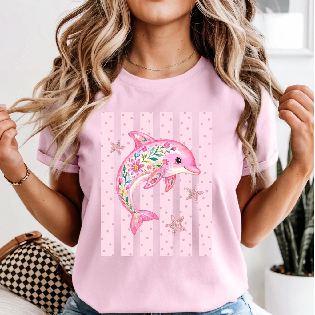 Comfort Colors Dolphin T-shirt pink floral ocean animals tee garment-dyed heavyweight t-shirt