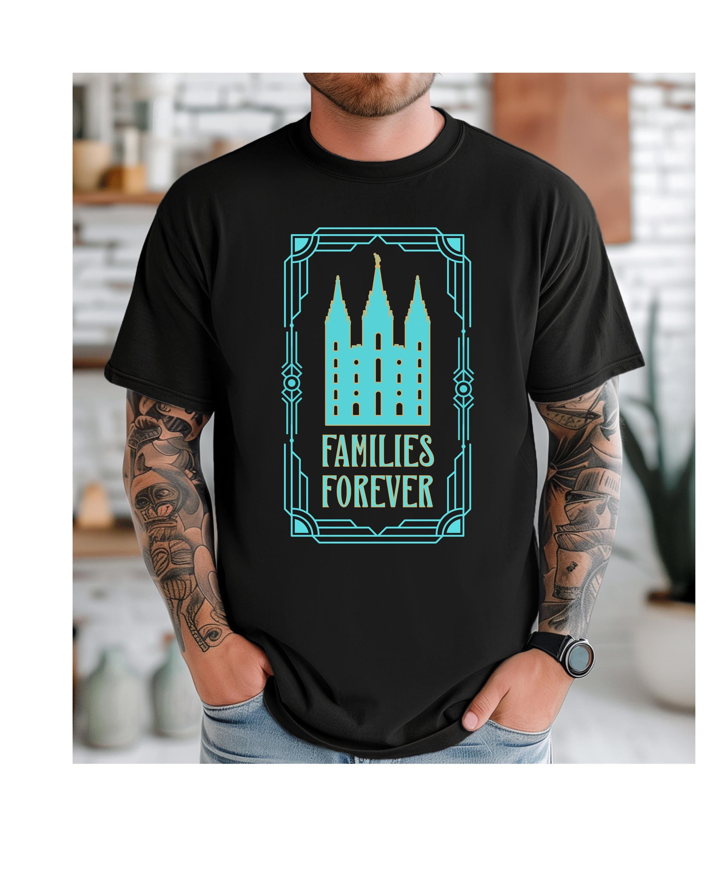 Person wearing a black t-shirt with a blue graphic and 'Families Forever' text.