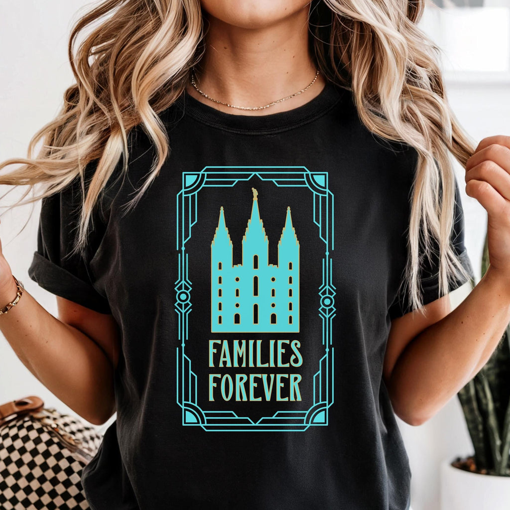 Person wearing a black t-shirt with a graphic design and text 'Families Forever' on a white background