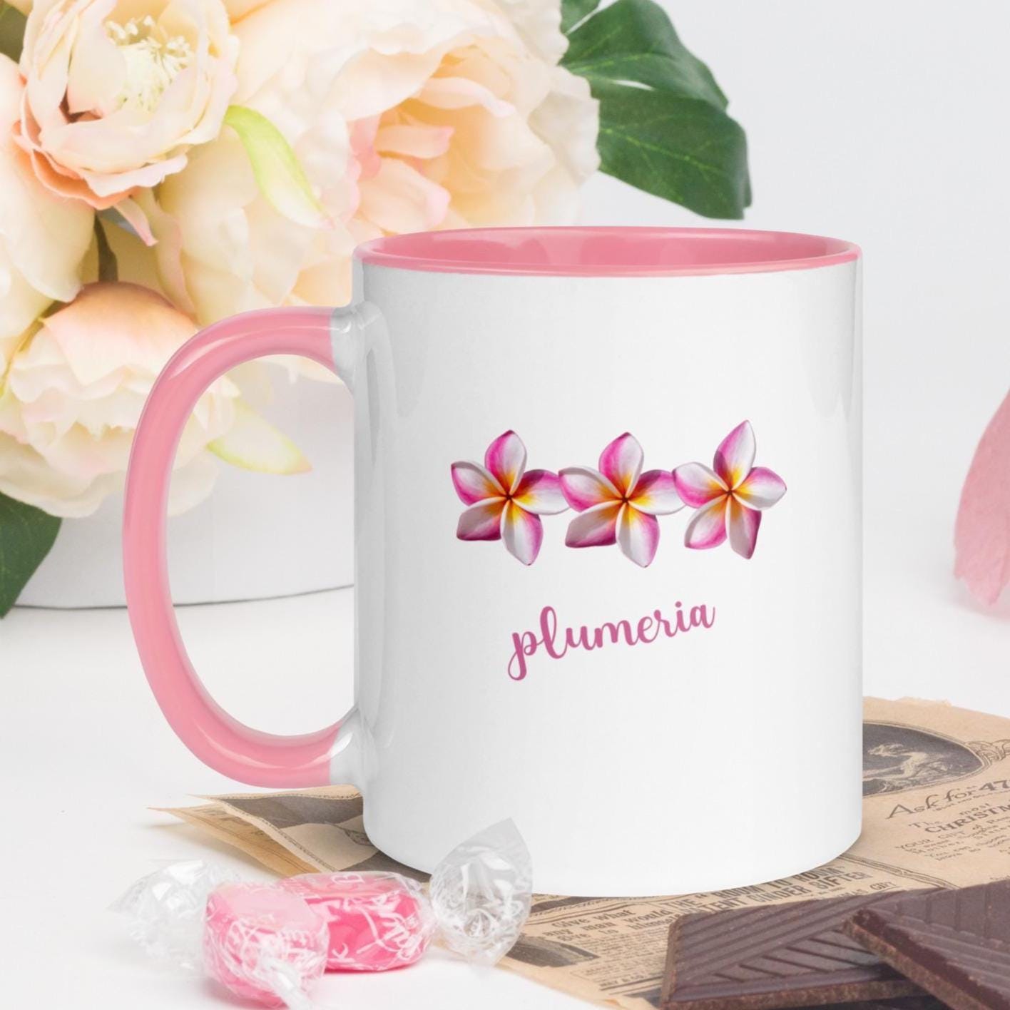 Plumeria Coffee Mug with Pink Accents – Gift for Mom, Grandma