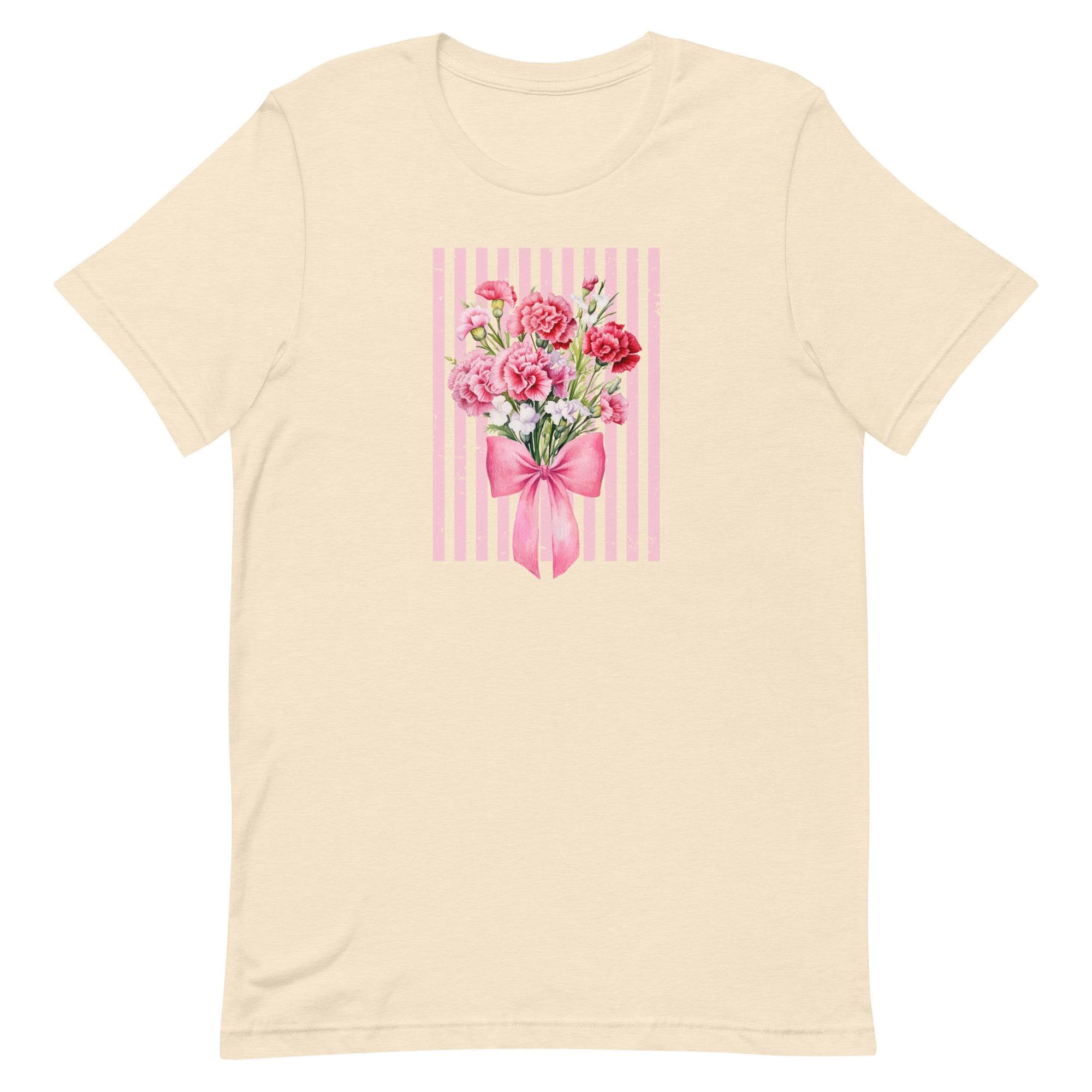 Carnations T-Shirt, Bella-Canvas pink carnations bouquet bow tee, Mothers Day carnations t-shirt