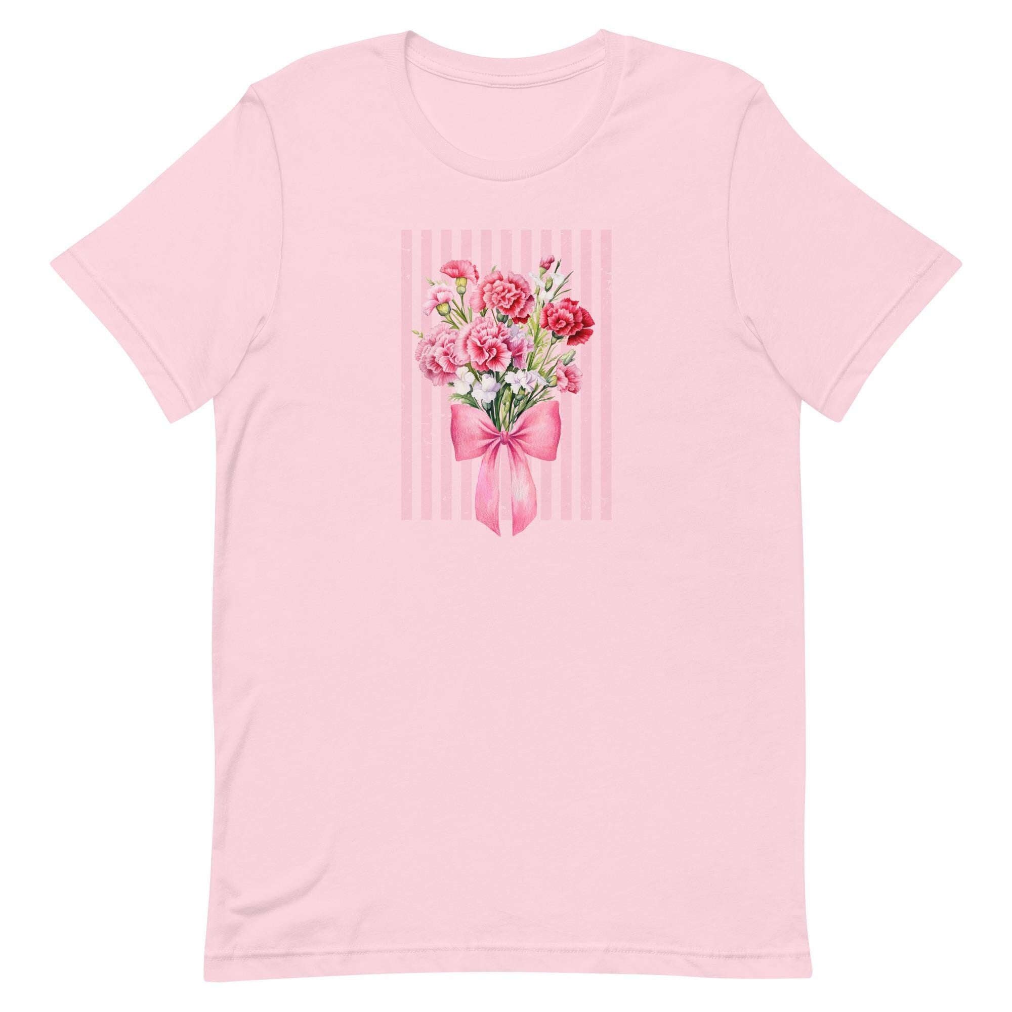 Carnations T-Shirt, Bella-Canvas pink carnations bouquet bow tee, Mothers Day carnations t-shirt