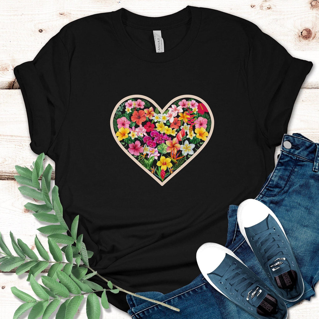 Tropical Flowers Heart T-Shirt: Hawaiian Plumeria Hibiscus Tee