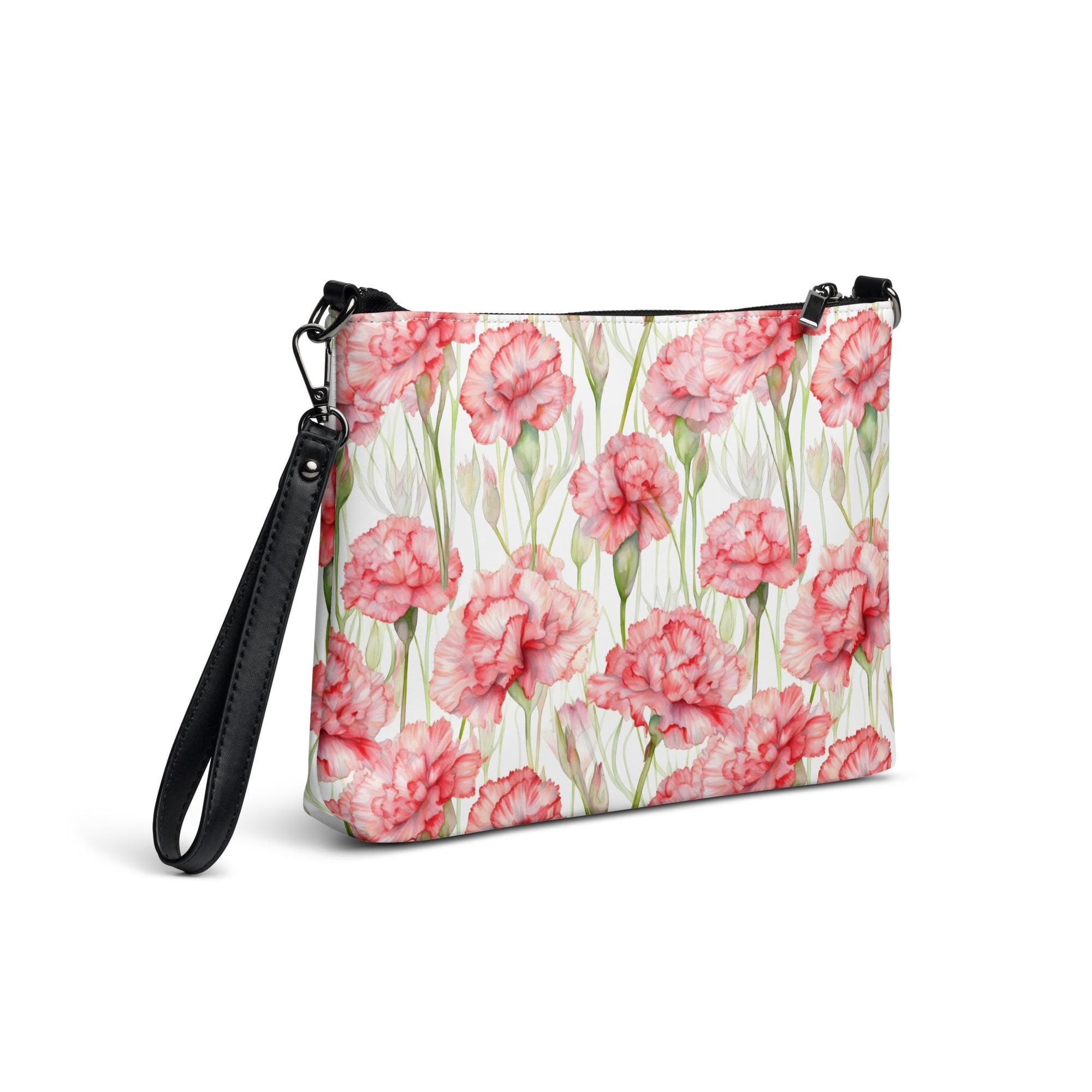 Pink Carnations Crossbody bag watercolor carnations zipper bag removeable straps