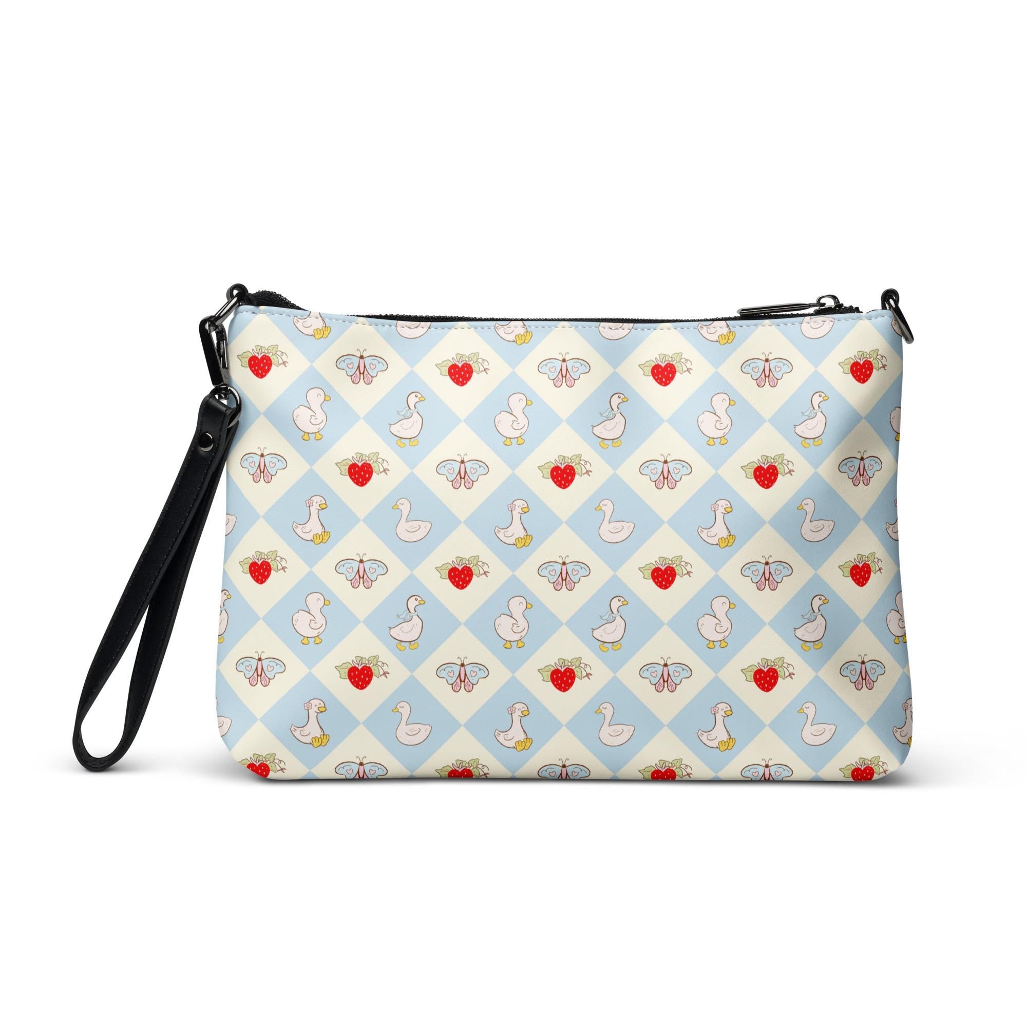 Goose Crossbody bag Strawberry zippered bag goose pattern Faux leather cross body bag