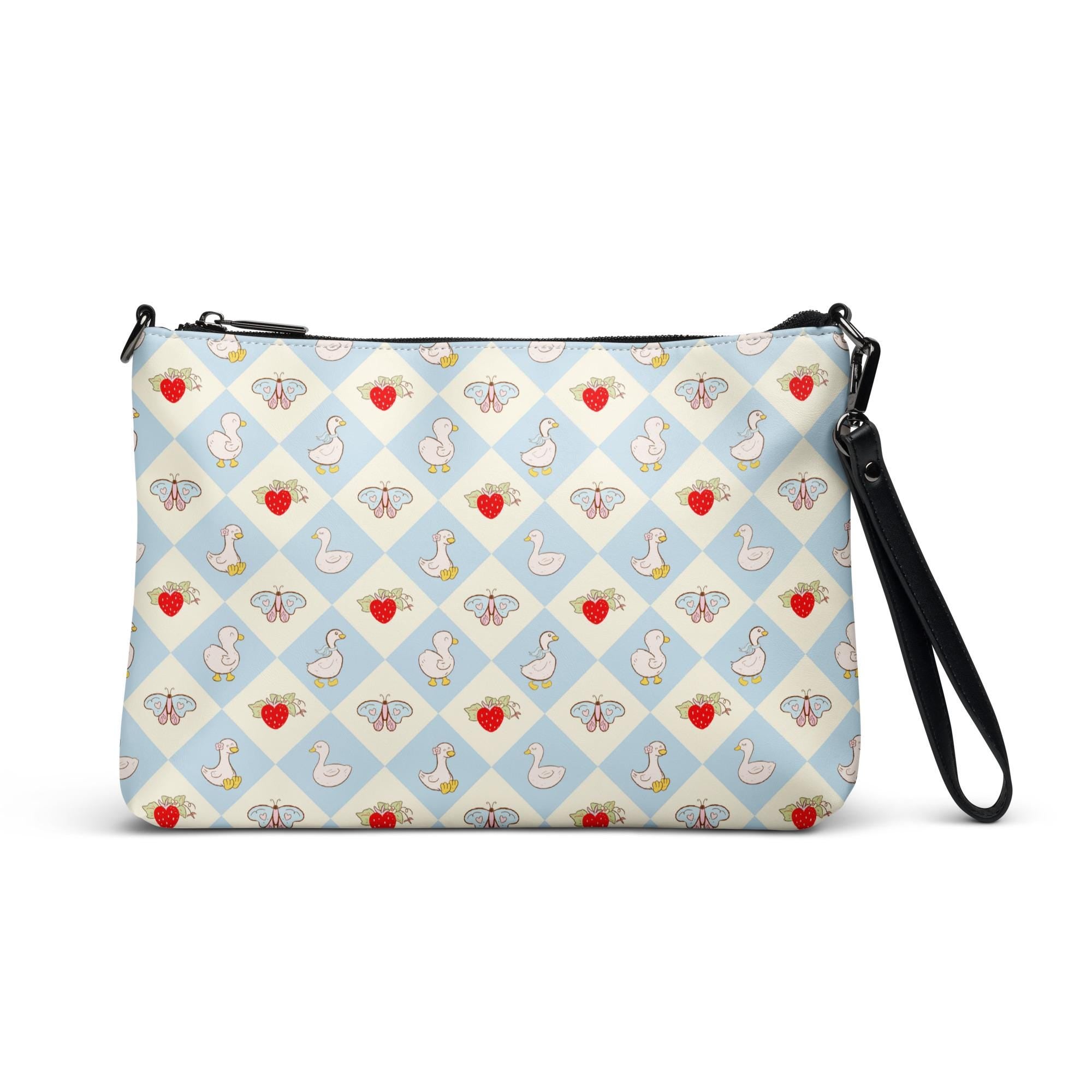 Goose Crossbody bag Strawberry zippered bag goose pattern Faux leather cross body bag