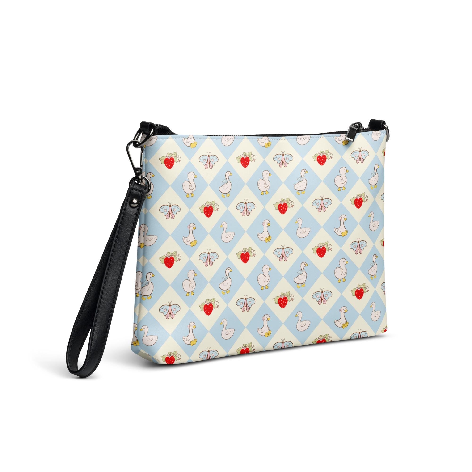 Goose Crossbody bag Strawberry zippered bag goose pattern Faux leather cross body bag