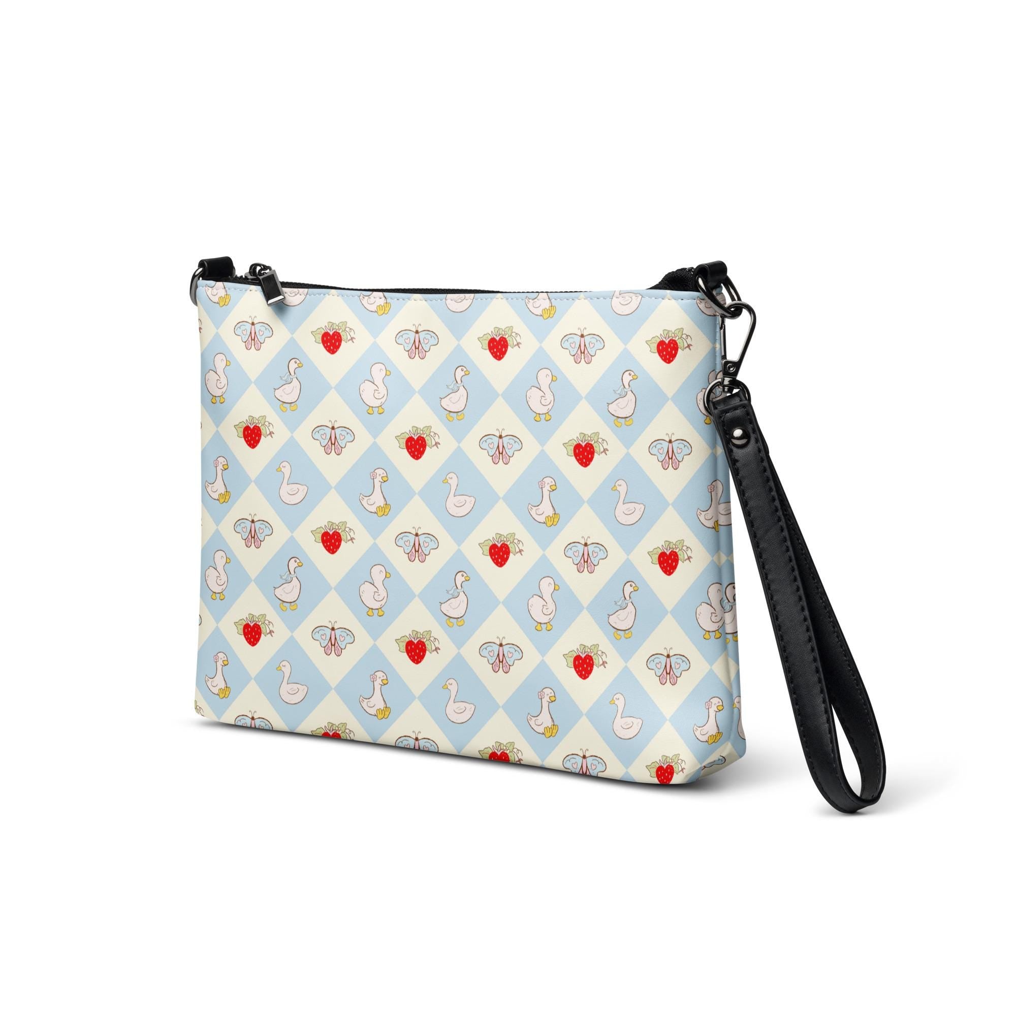 Goose Crossbody bag Strawberry zippered bag goose pattern Faux leather cross body bag