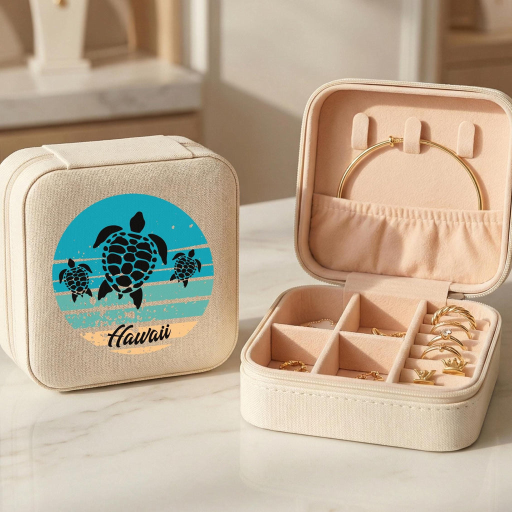 Hawaii Turtle Travel Jewelry Case: Retro Sunset Design, Compact Organizer