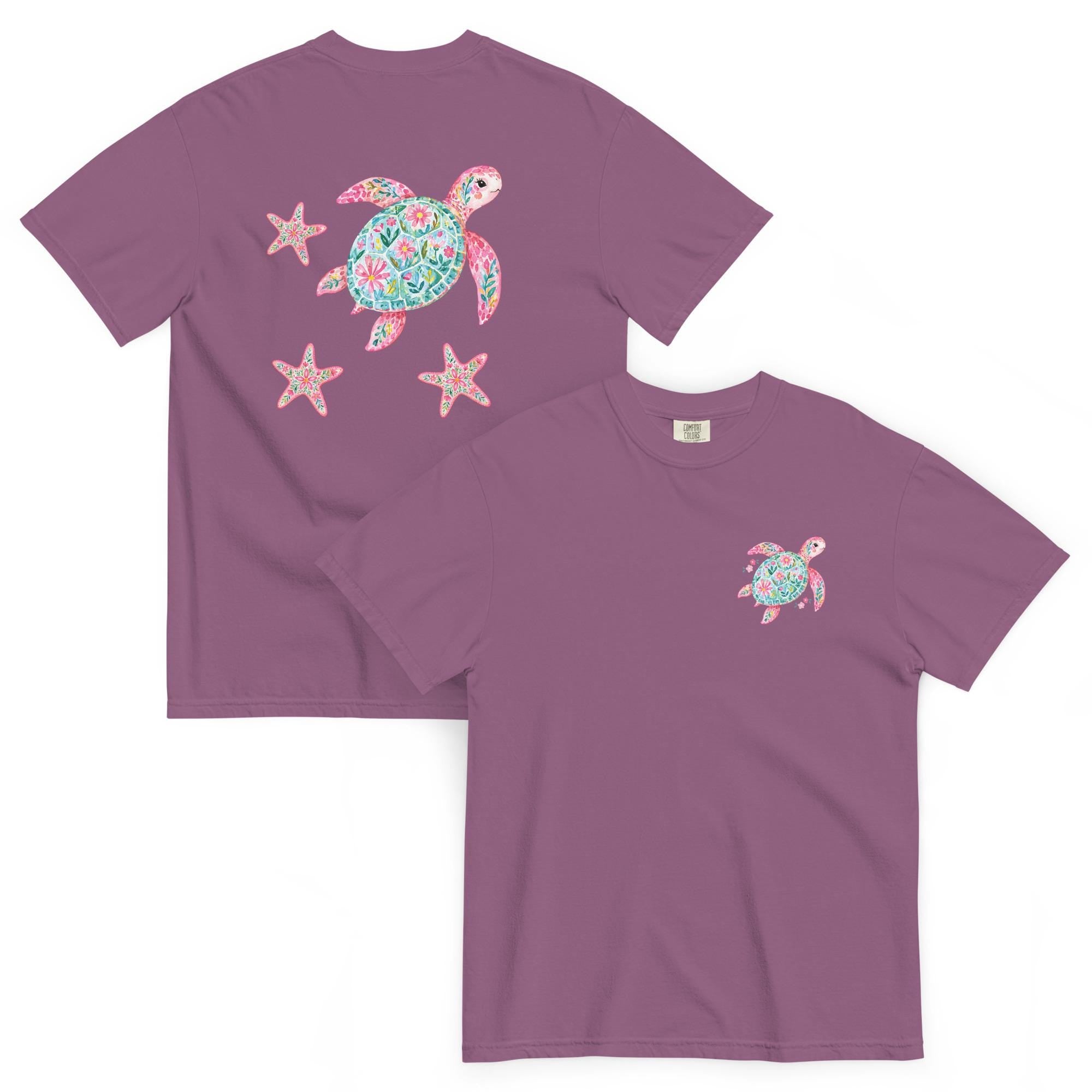 Comfort Colors Sea Turtles T-Shirt, Back print floral starfish, turtle tee garment-dyed heavyweight t-shirt