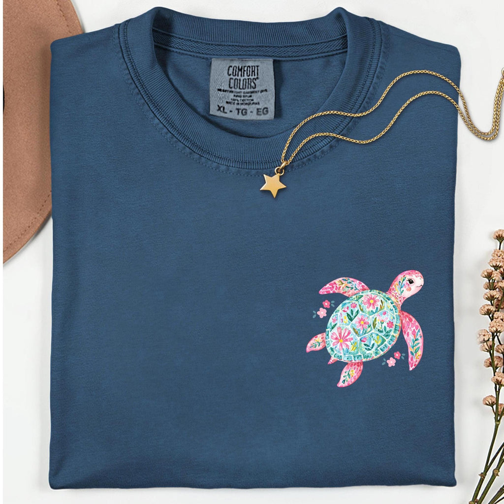Comfort Colors Sea Turtles T-Shirt, Back print floral starfish, turtle tee garment-dyed heavyweight t-shirt