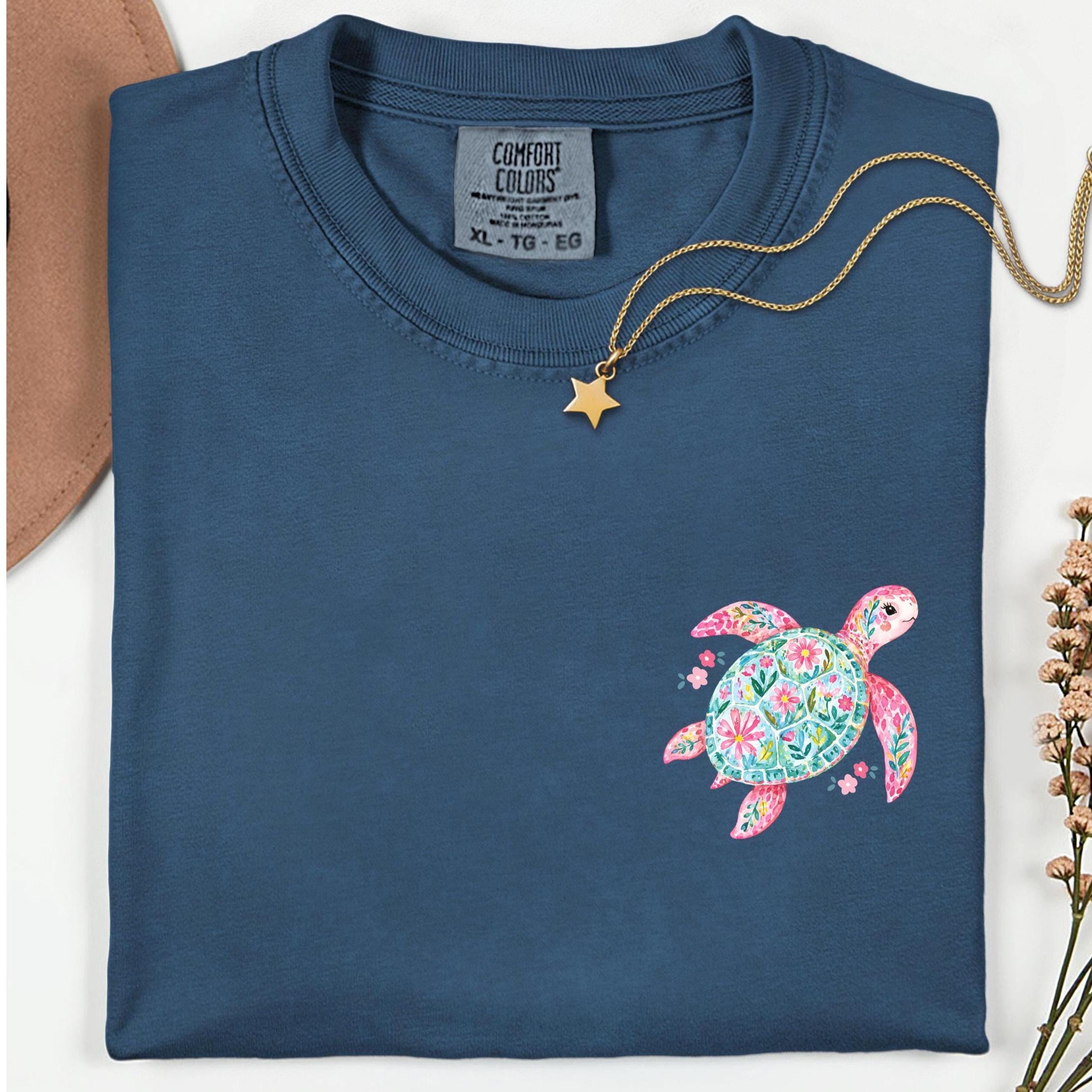 Comfort Colors Sea Turtles T-Shirt, Back print floral starfish, turtle tee garment-dyed heavyweight t-shirt